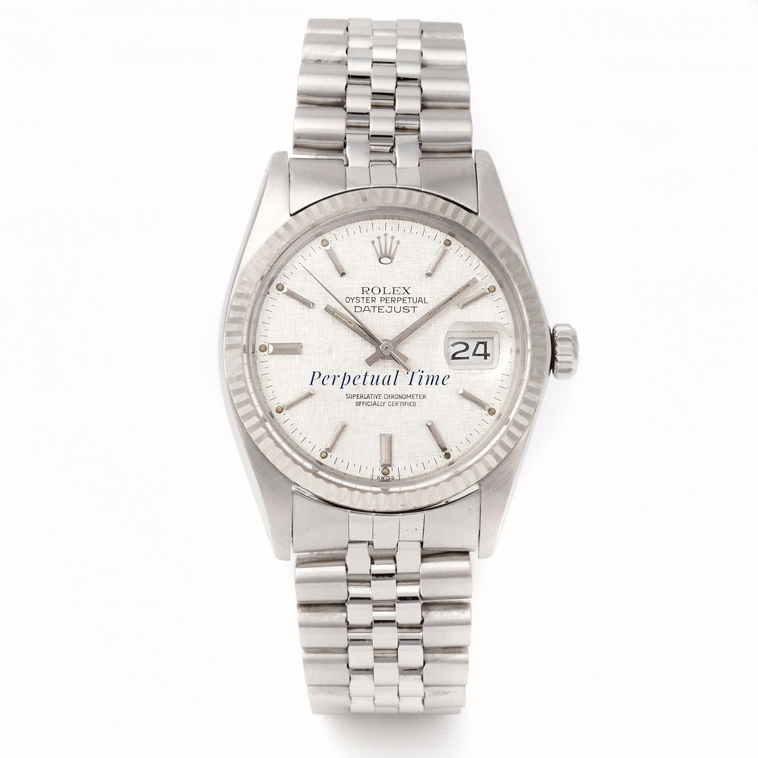 Rolex Datejust 36mm SS Silver Linen Dial Dial on Stainless Jubilee band 16014