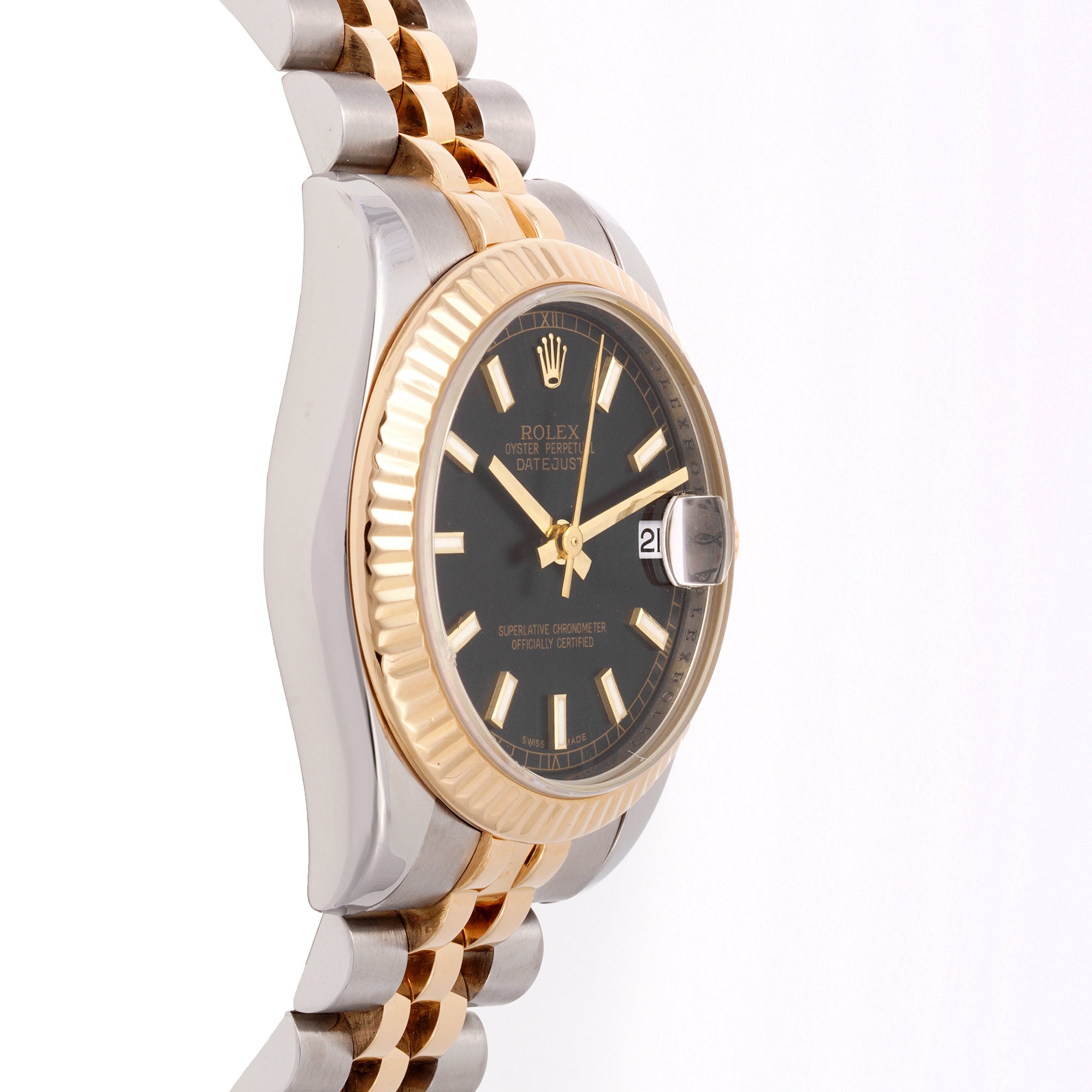 Rolex Datejust 31mm Stainless Steel & Yellow Gold 178273 Black Dial | Index hour markers, Fluted bezel