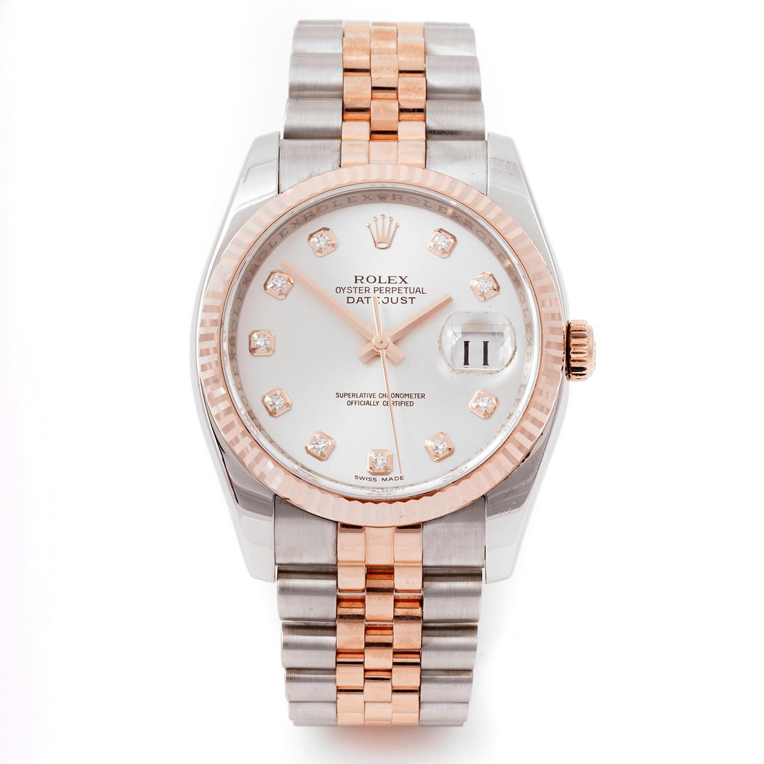 Rolex Datejust 36mm Stainless Steel & Rose Gold 116231 Silver Dial | Diamond hour markers, Fluted bezel