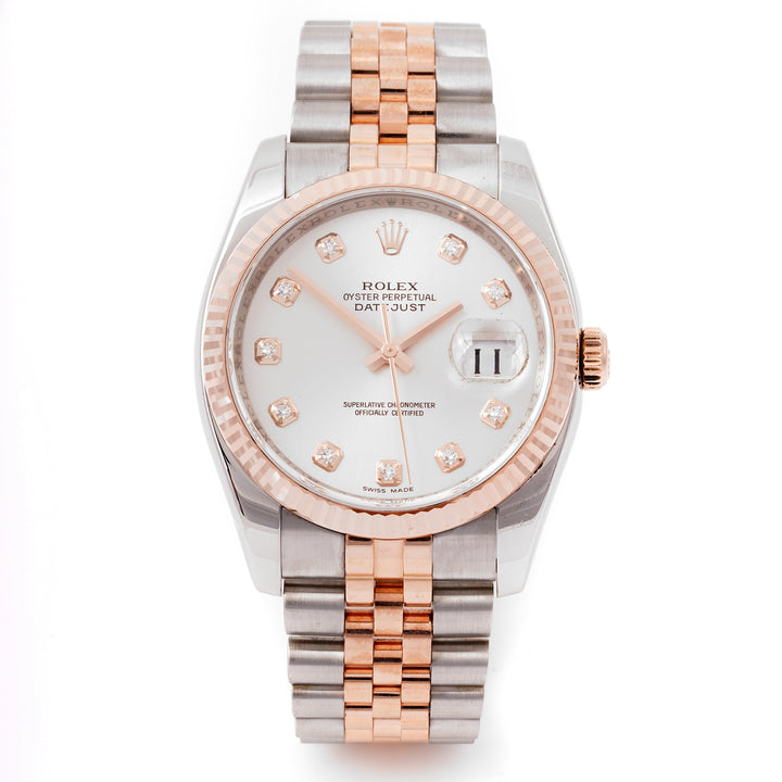 Rolex Datejust 36mm Stainless Steel & Rose Gold 116231 Silver Dial | Diamond hour markers, Fluted bezel