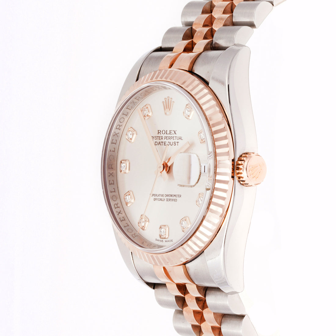 Rolex Datejust 36mm Stainless Steel & Rose Gold 116231 Silver Dial | Diamond hour markers, Fluted bezel