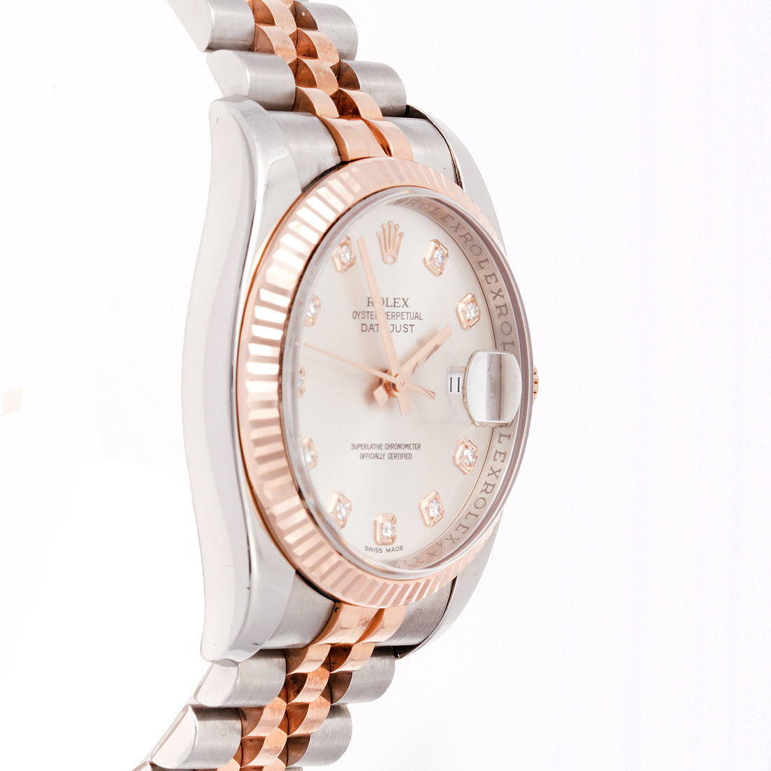 Rolex Datejust 36mm Stainless Steel & Rose Gold 116231 Silver Dial | Diamond hour markers, Fluted bezel