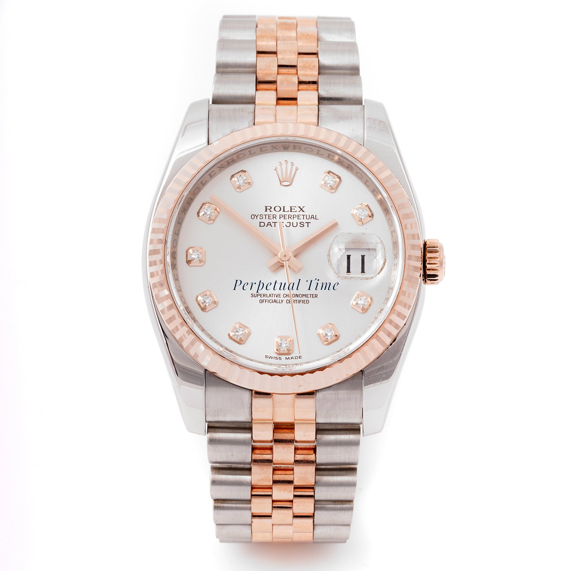 Rolex Datejust 36mm Stainless Steel & Rose Gold 116231 Silver Dial | Diamond hour markers, Fluted bezel