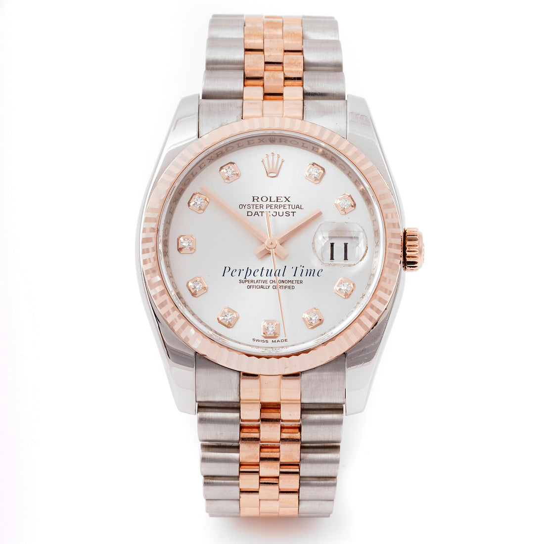 Rolex Datejust 36mm Stainless Steel & Rose Gold 116231 Silver Dial | Diamond hour markers, Fluted bezel