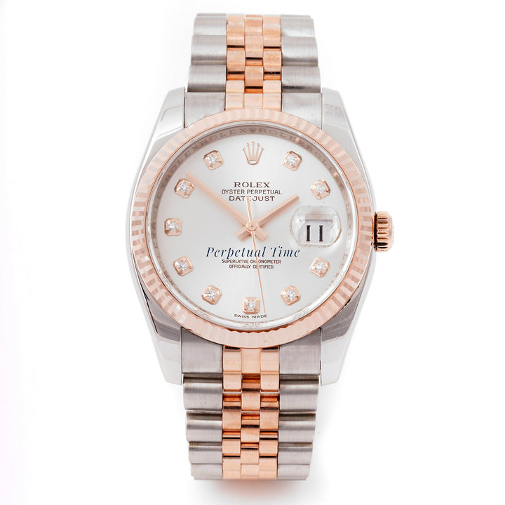 Rolex Datejust 36mm Stainless Steel & Rose Gold 116231 Silver Dial | Diamond hour markers, Fluted bezel