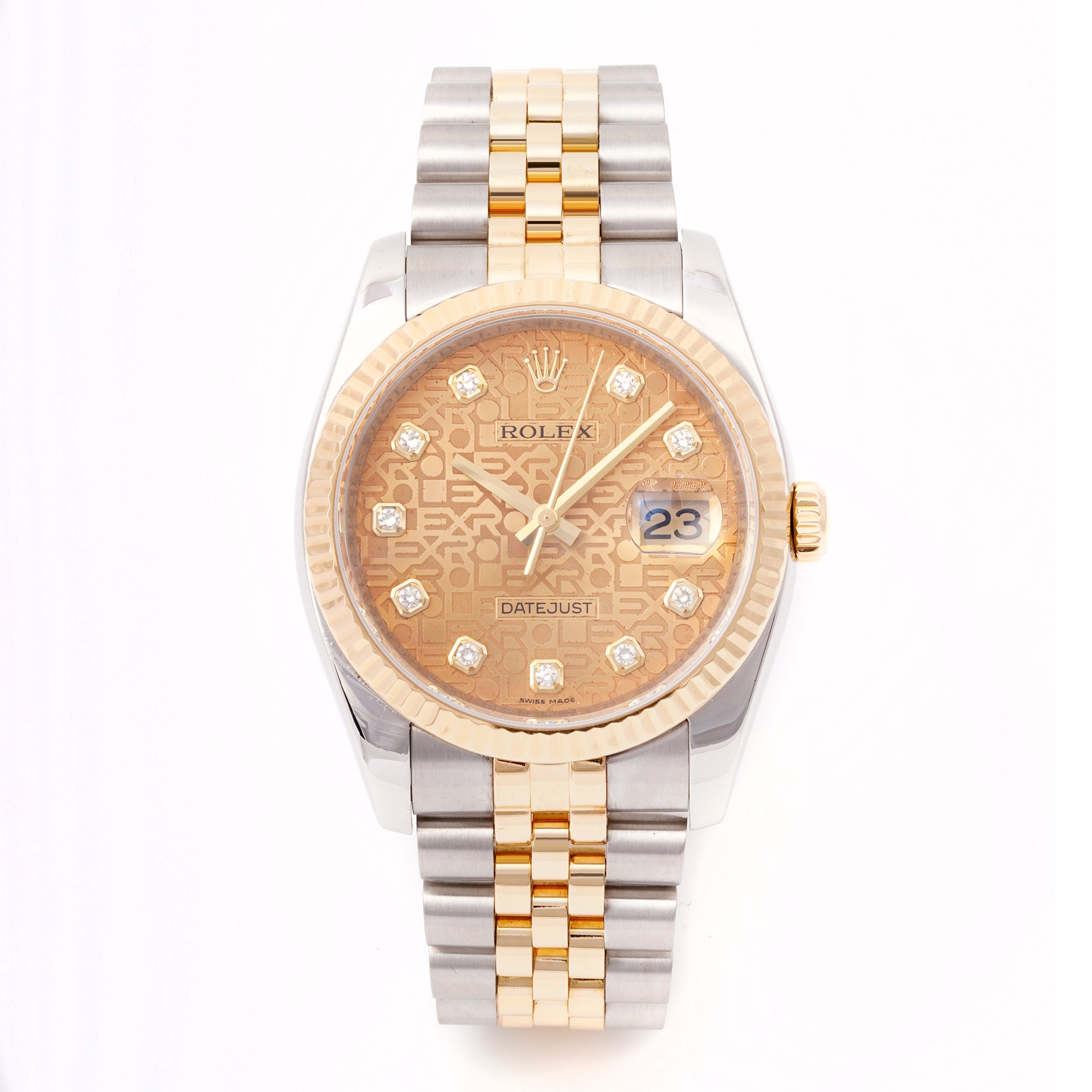 Rolex Datejust 36mm Stainless Steel & Yellow Gold 116233 Champagne Jubilee Dial | Diamond hour markers, Fluted bezel