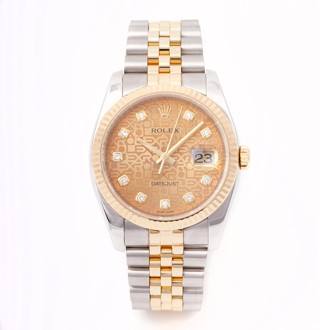 Rolex Datejust 36mm Stainless Steel & Yellow Gold 116233 Champagne Jubilee Dial | Diamond hour markers, Fluted bezel