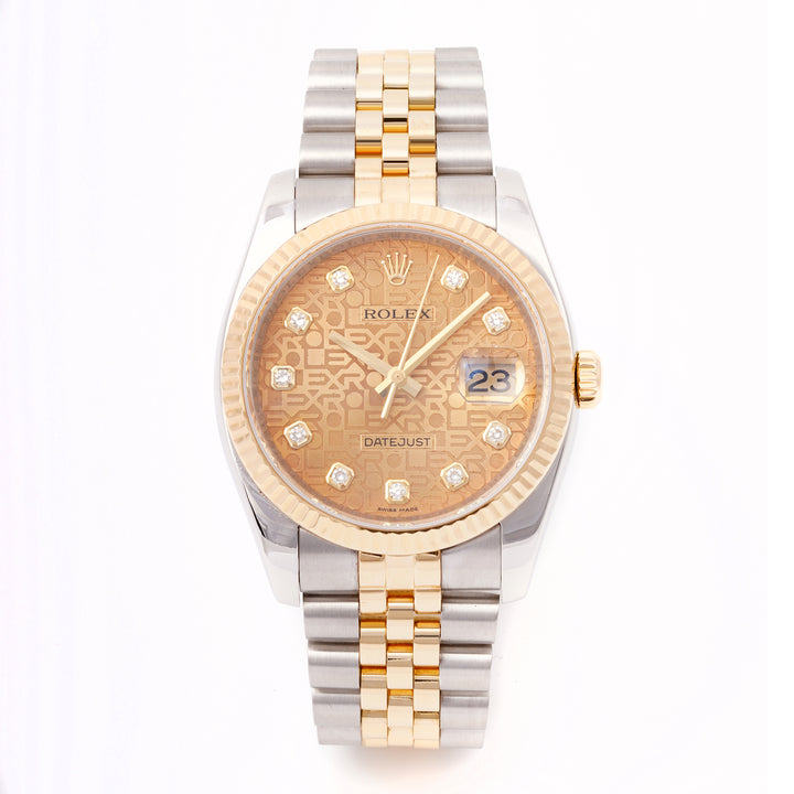 Rolex Datejust 36mm Stainless Steel & Yellow Gold 116233 Champagne Jubilee Dial | Diamond hour markers, Fluted bezel
