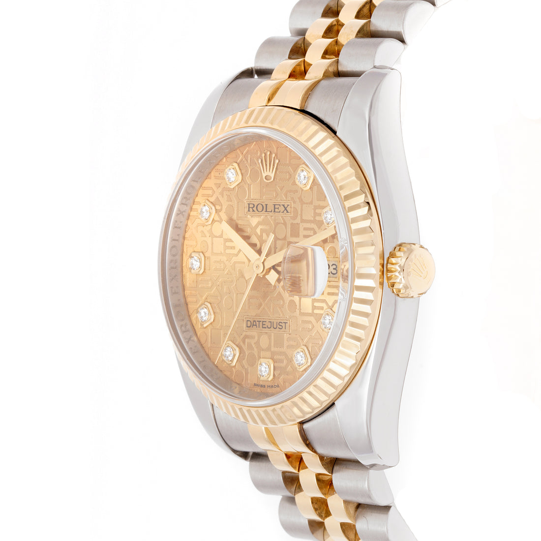 Rolex Datejust 36mm Stainless Steel & Yellow Gold 116233 Champagne Jubilee Dial | Diamond hour markers, Fluted bezel