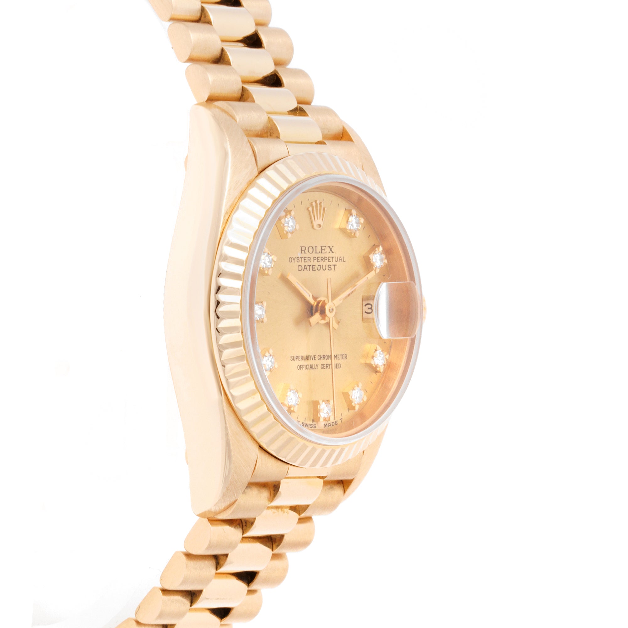 Rolex Lady-Datejust 26mm Yellow Gold 69178 Champagne Dial | Diamond hour markers, Fluted bezel