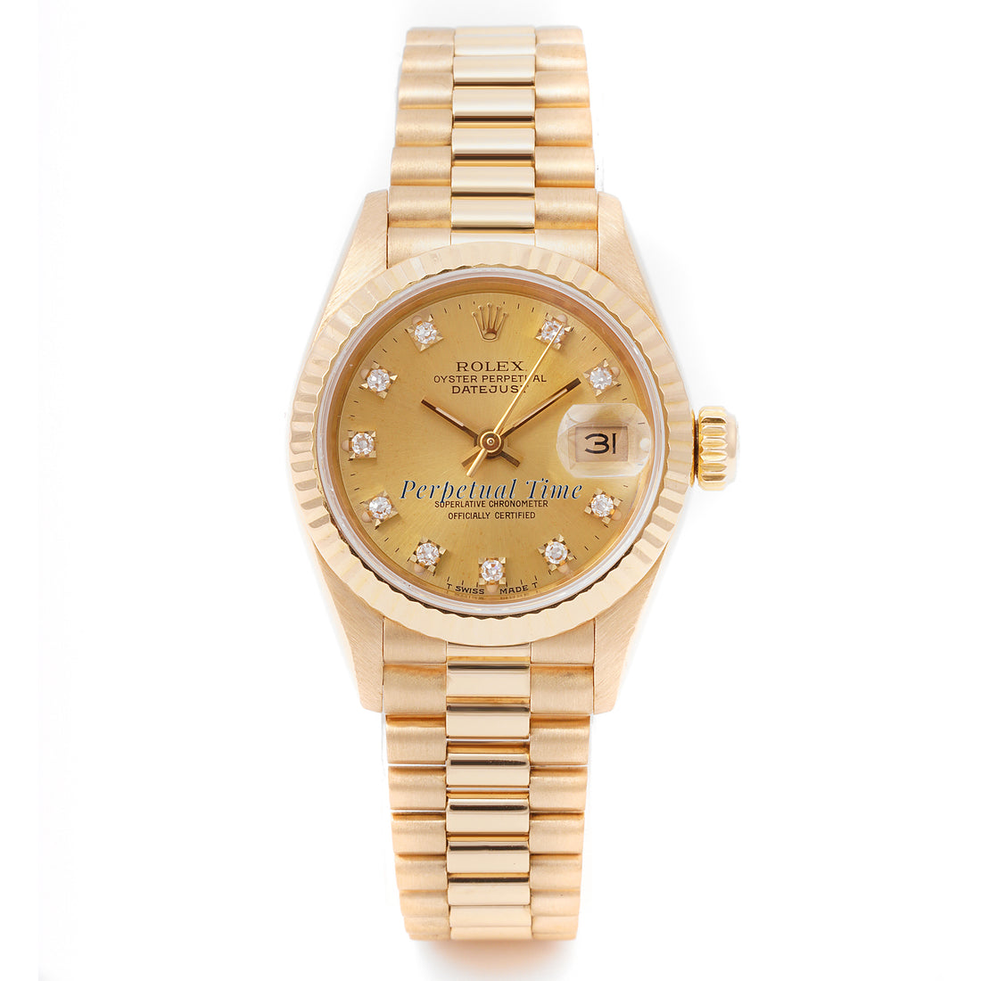 Rolex Lady-Datejust 26mm Yellow Gold 69178 Champagne Dial | Diamond hour markers, Fluted bezel