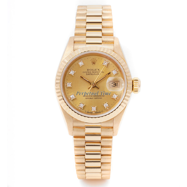 Rolex Lady-Datejust 26mm Yellow Gold 69178 Champagne Dial | Diamond hour markers, Fluted bezel