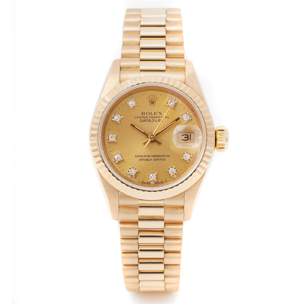 Rolex Ladies President 26mm Yellow Gold Champagne Diamond Dial President Band 69178 Papers