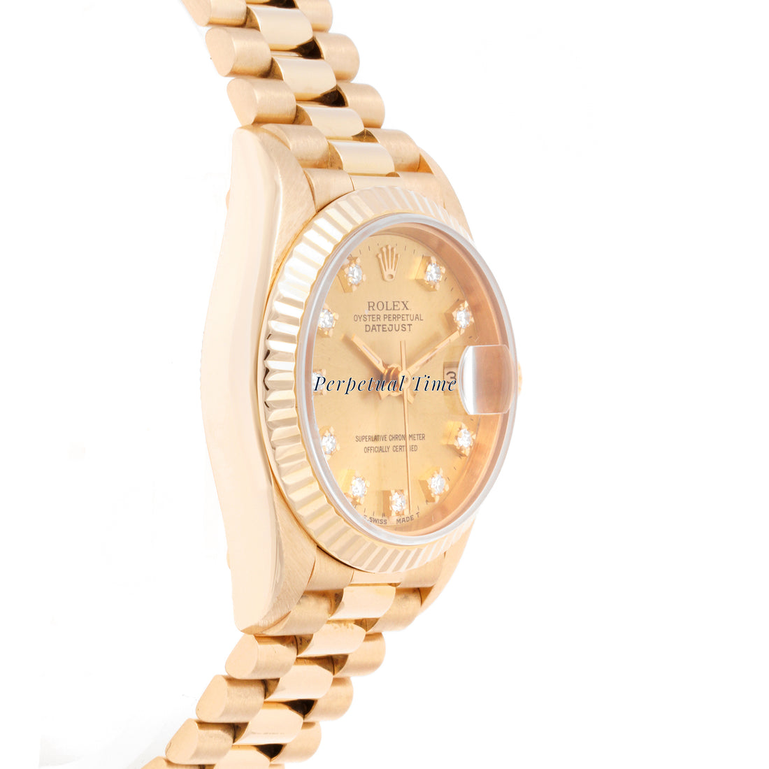 Rolex Lady-Datejust 26mm Yellow Gold 69178 Champagne Dial | Diamond hour markers, Fluted bezel