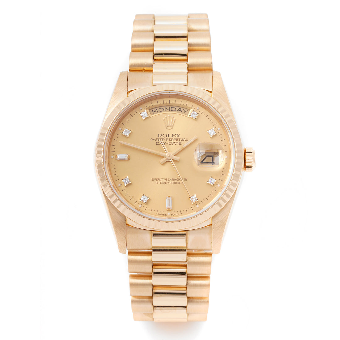 Rolex Day-Date 36mm Yellow Gold 18238 Champagne Dial | Diamond hour markers, Fluted bezel