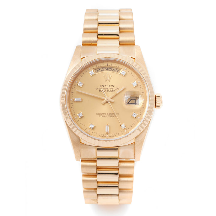 Rolex Day-Date 36mm Yellow Gold 18238 Champagne Dial | Diamond hour markers, Fluted bezel