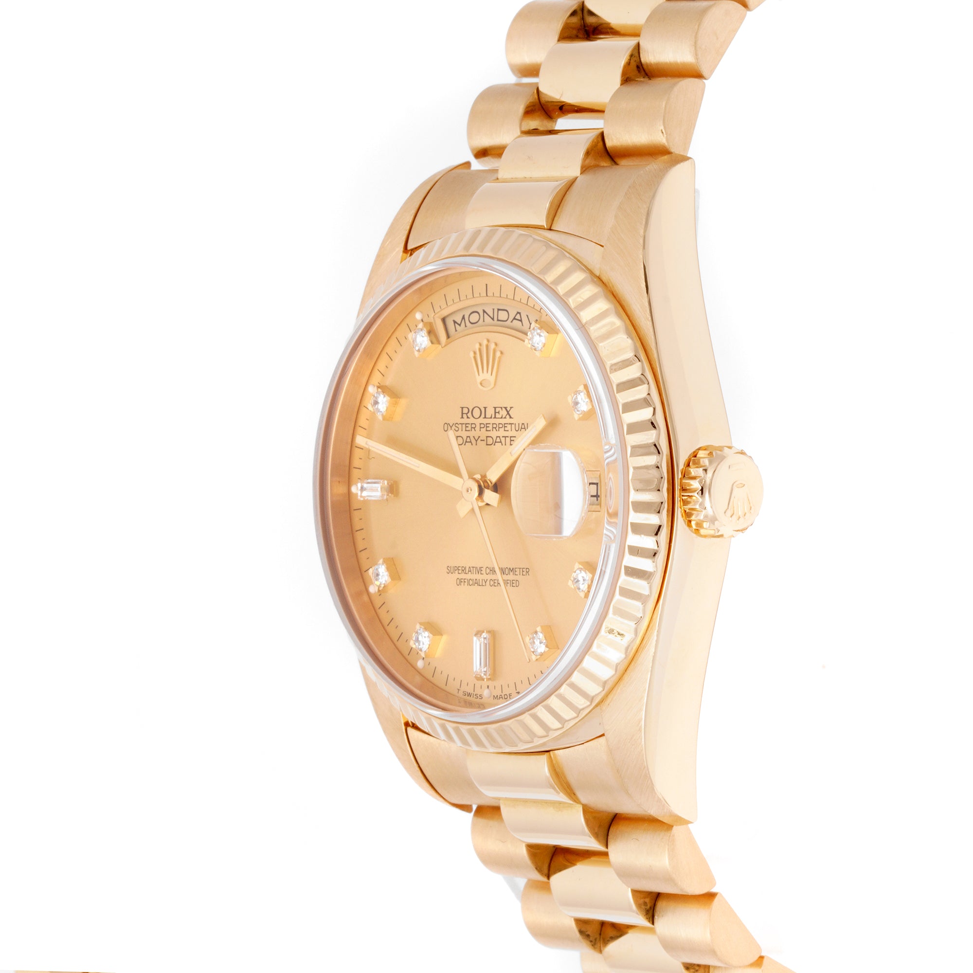 Rolex Day-Date 36mm Yellow Gold 18238 Champagne Dial | Diamond hour markers, Fluted bezel