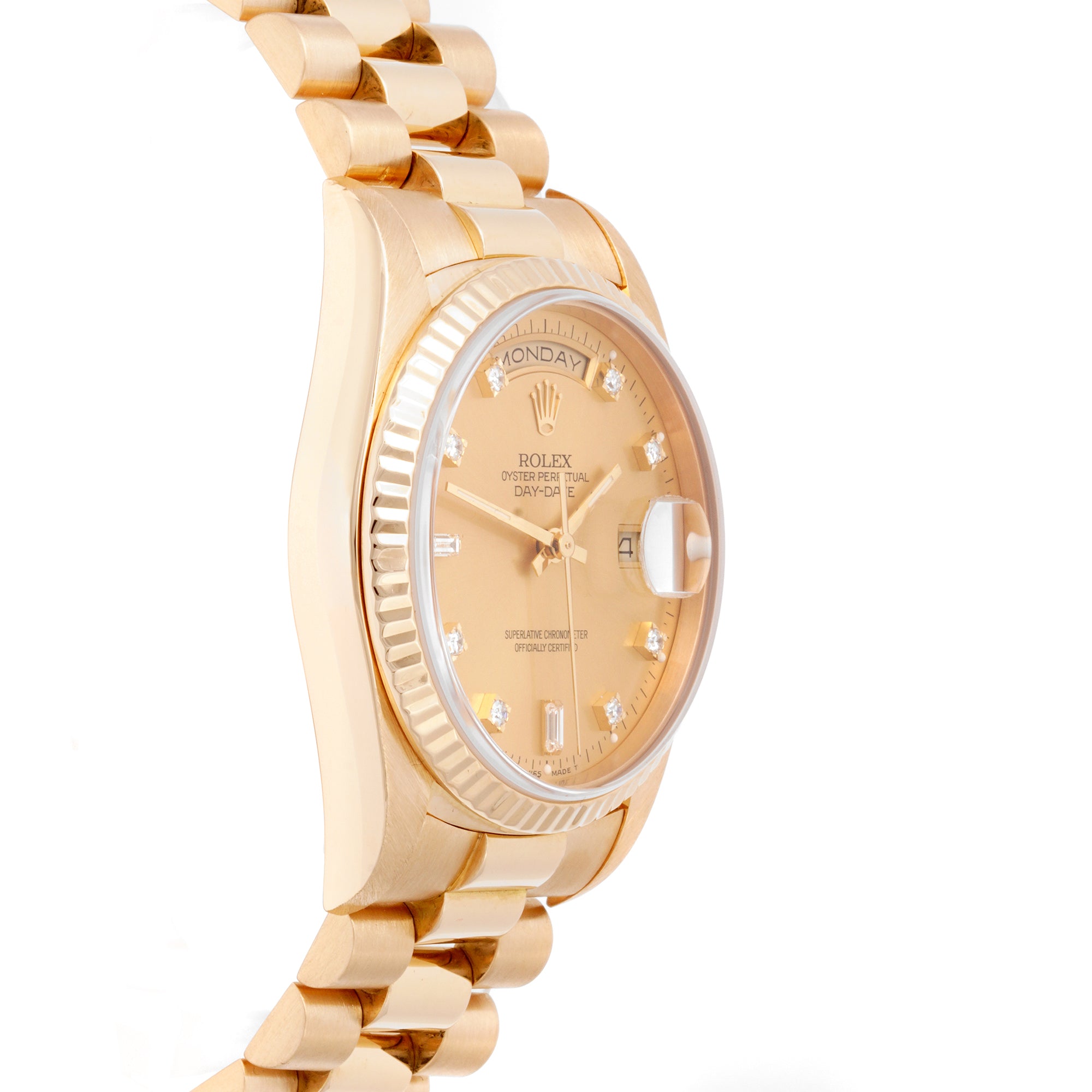 Rolex Day-Date 36mm Yellow Gold 18238 Champagne Dial | Diamond hour markers, Fluted bezel
