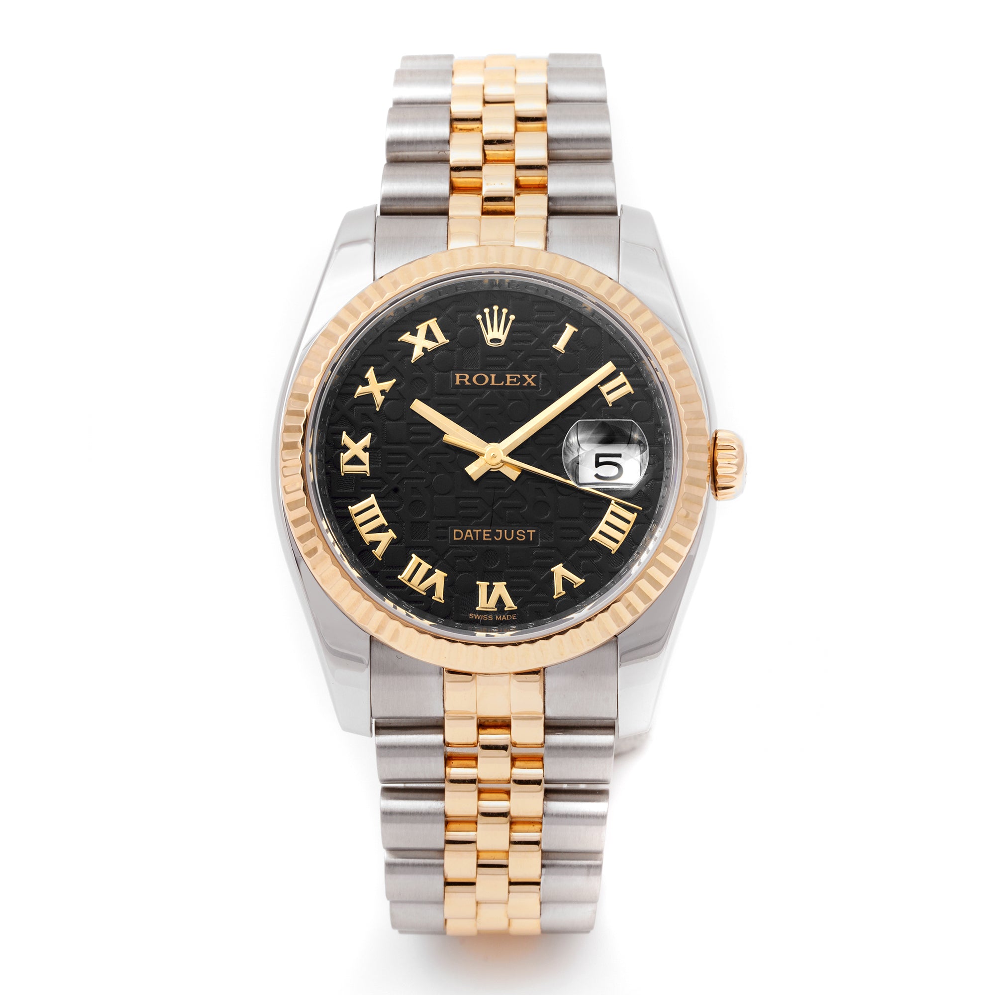 Rolex Datejust 36mm Stainless Steel & Yellow Gold 116233 Black Jubilee Dial | Roman Numerals hour markers, Fluted bezel