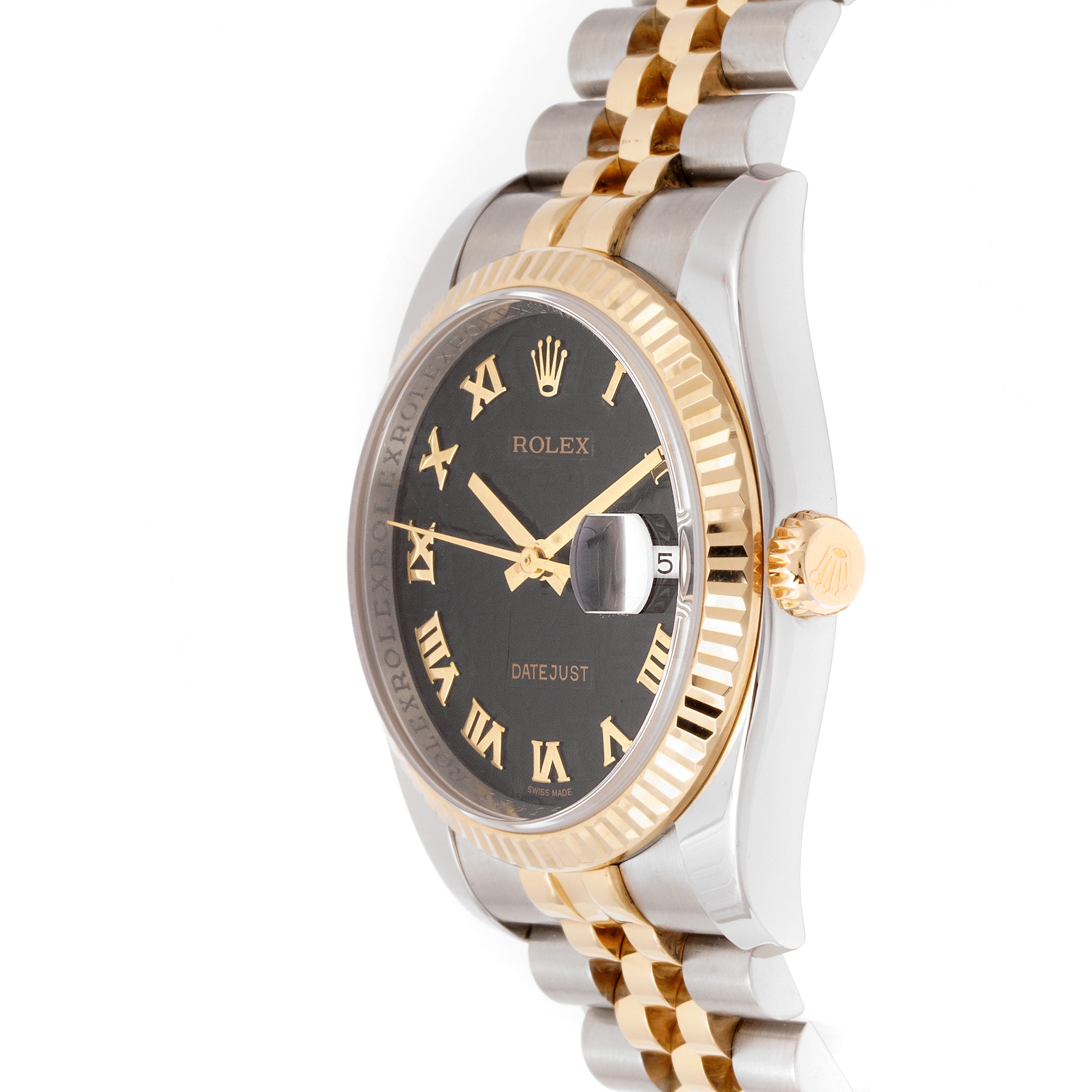 Rolex Datejust 36mm Stainless Steel & Yellow Gold 116233 Black Jubilee Dial | Roman Numerals hour markers, Fluted bezel