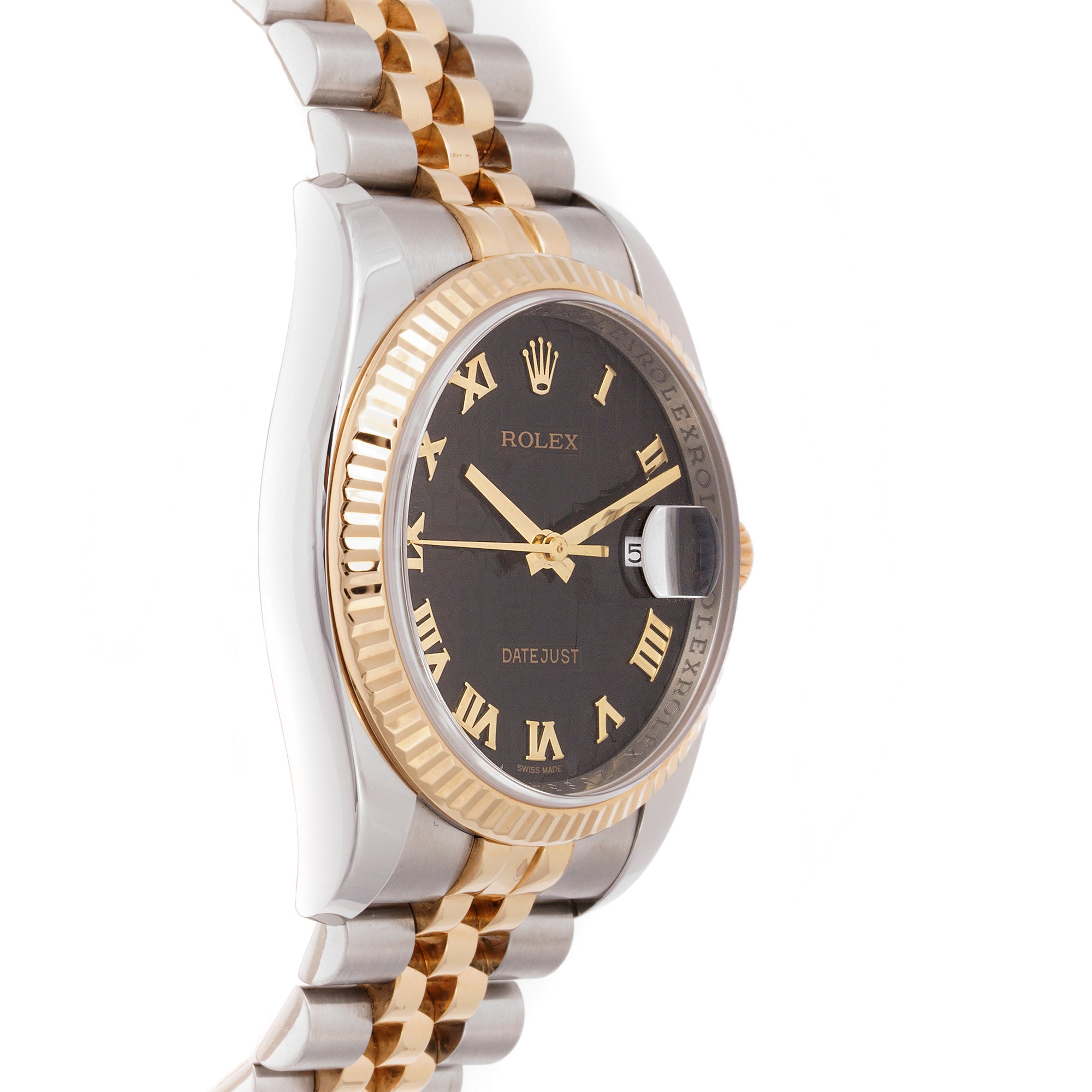 Rolex Datejust 36mm Stainless Steel & Yellow Gold 116233 Black Jubilee Dial | Roman Numerals hour markers, Fluted bezel