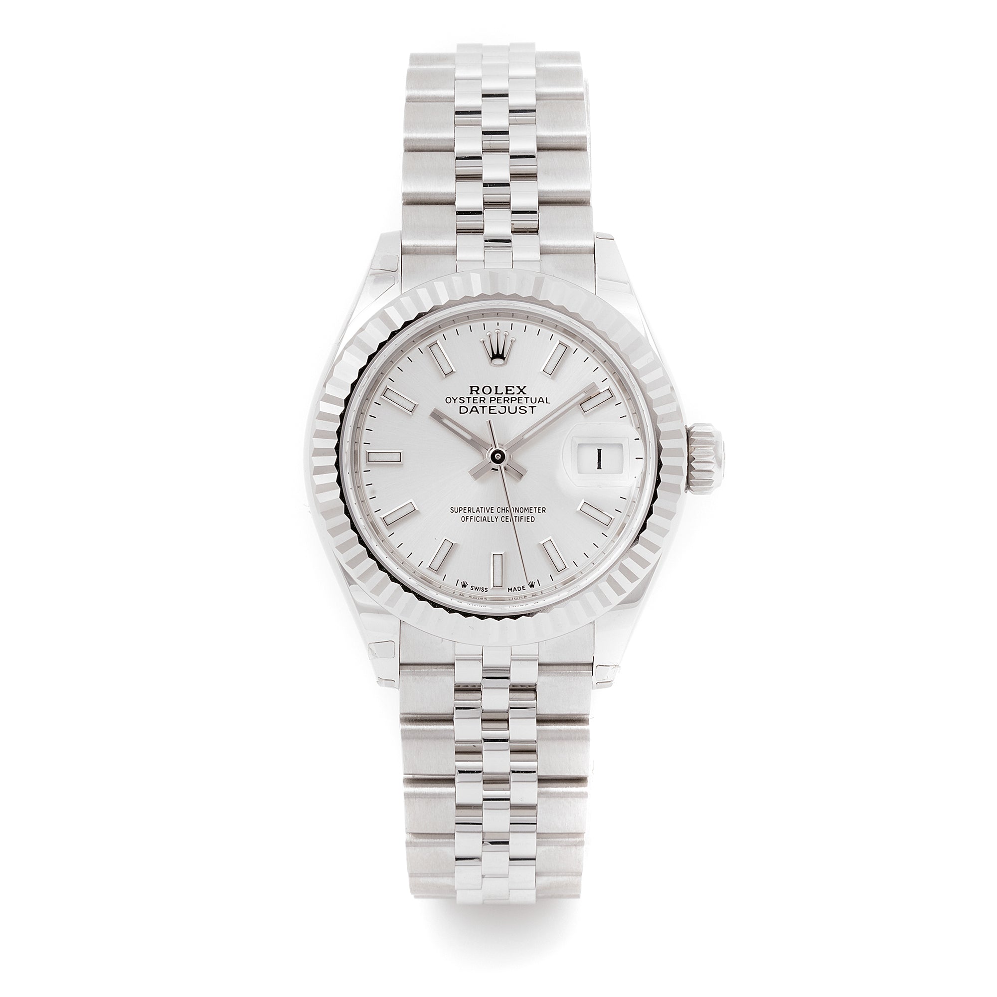 Rolex Lady-Datejust 28mm Stainless Steel & White Gold 279174 Silver Dial | Index hour markers, Fluted bezel