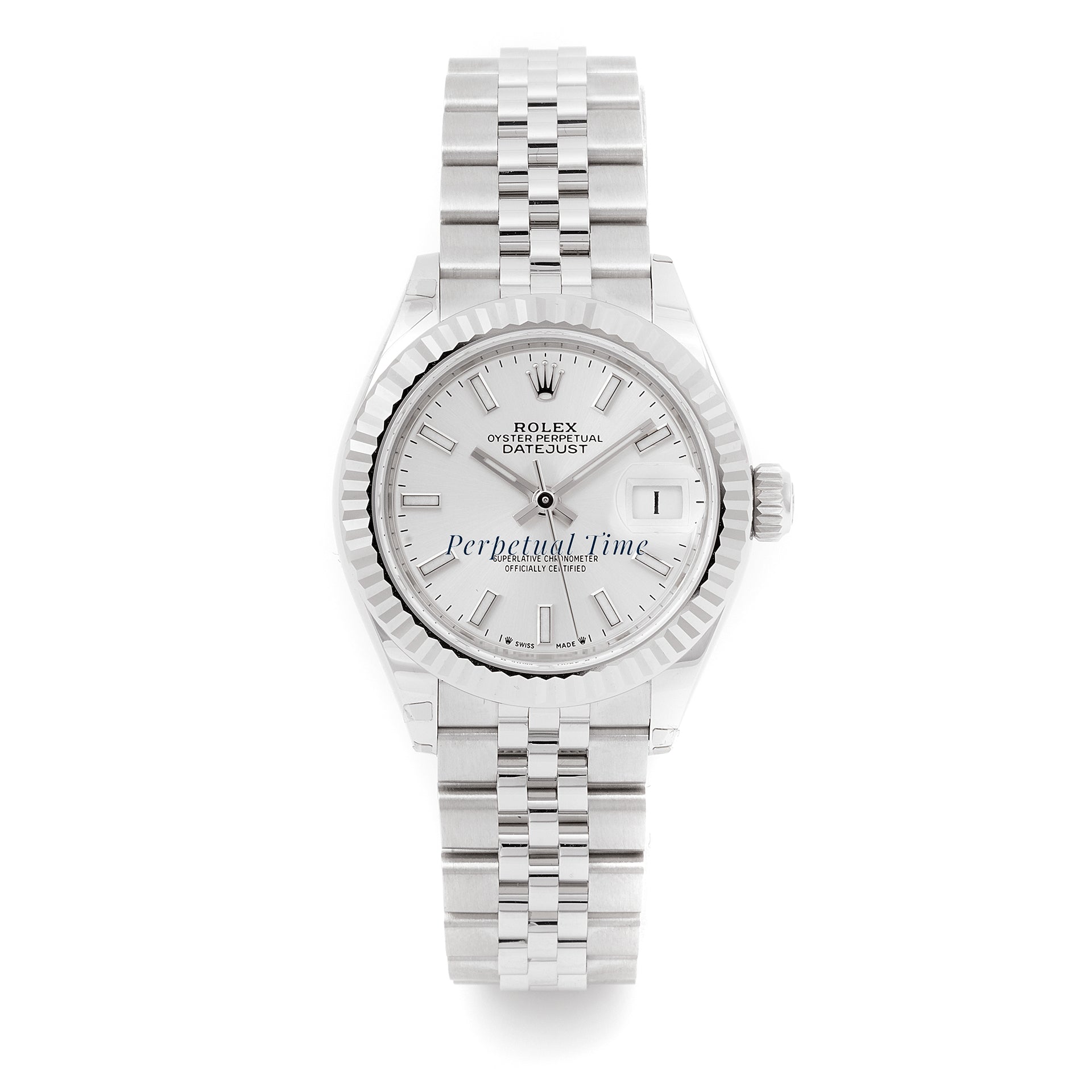 Rolex Lady-Datejust 28mm Stainless Steel & White Gold 279174 Silver Dial | Index hour markers, Fluted bezel