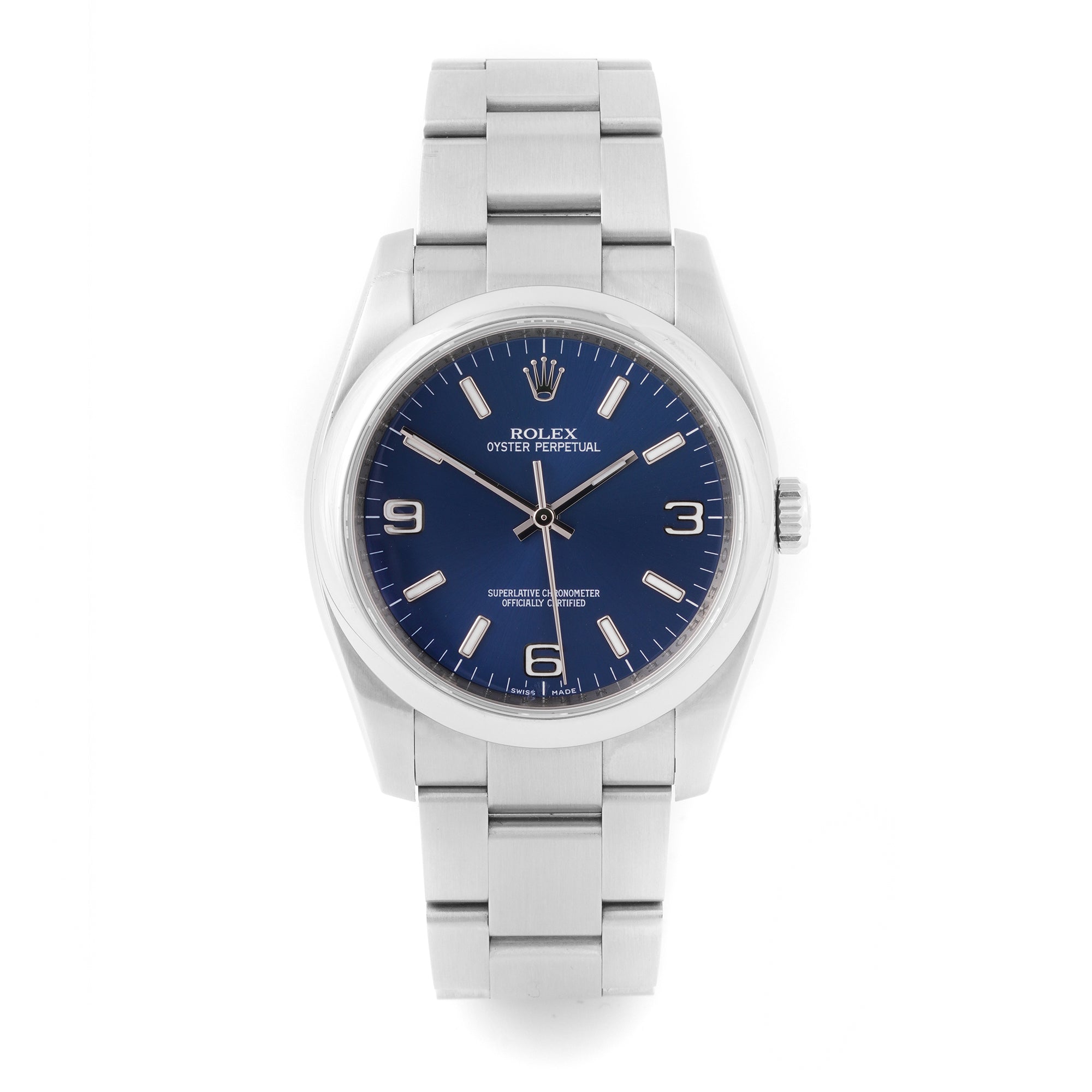 Rolex Air-King 34mm Stainless Steel 114200 Blue Dial | Index & 3-6-9 Arabic Numerals hour markers, Smooth bezel