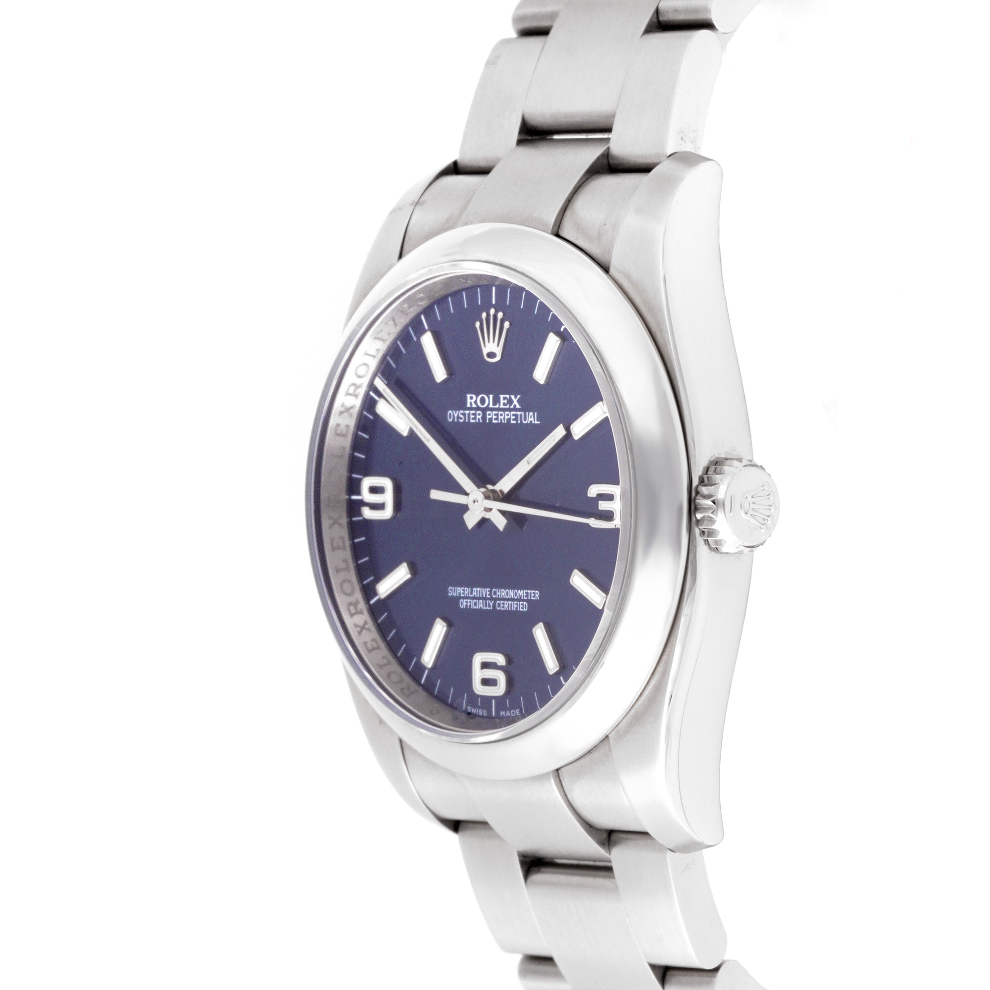 Rolex Air-King 34mm Stainless Steel 114200 Blue Dial | Index & 3-6-9 Arabic Numerals hour markers, Smooth bezel