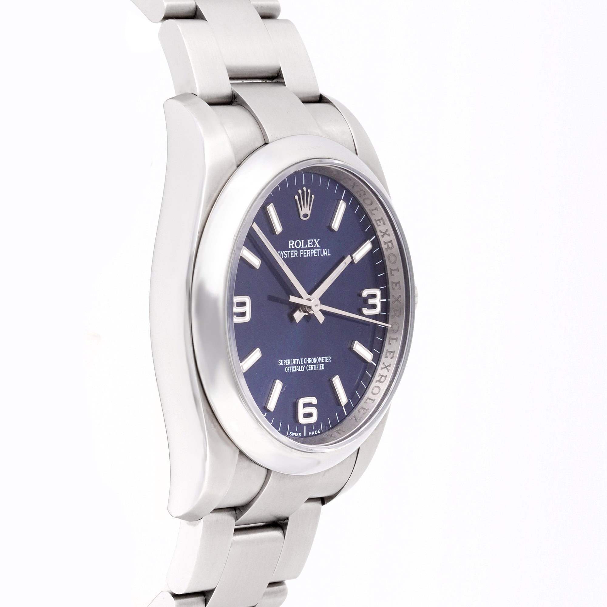 Rolex Air-King 34mm Stainless Steel 114200 Blue Dial | Index & 3-6-9 Arabic Numerals hour markers, Smooth bezel