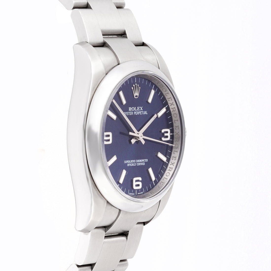 Rolex Air-King 34mm Stainless Steel 114200 Blue Dial | Index & 3-6-9 Arabic Numerals hour markers, Smooth bezel