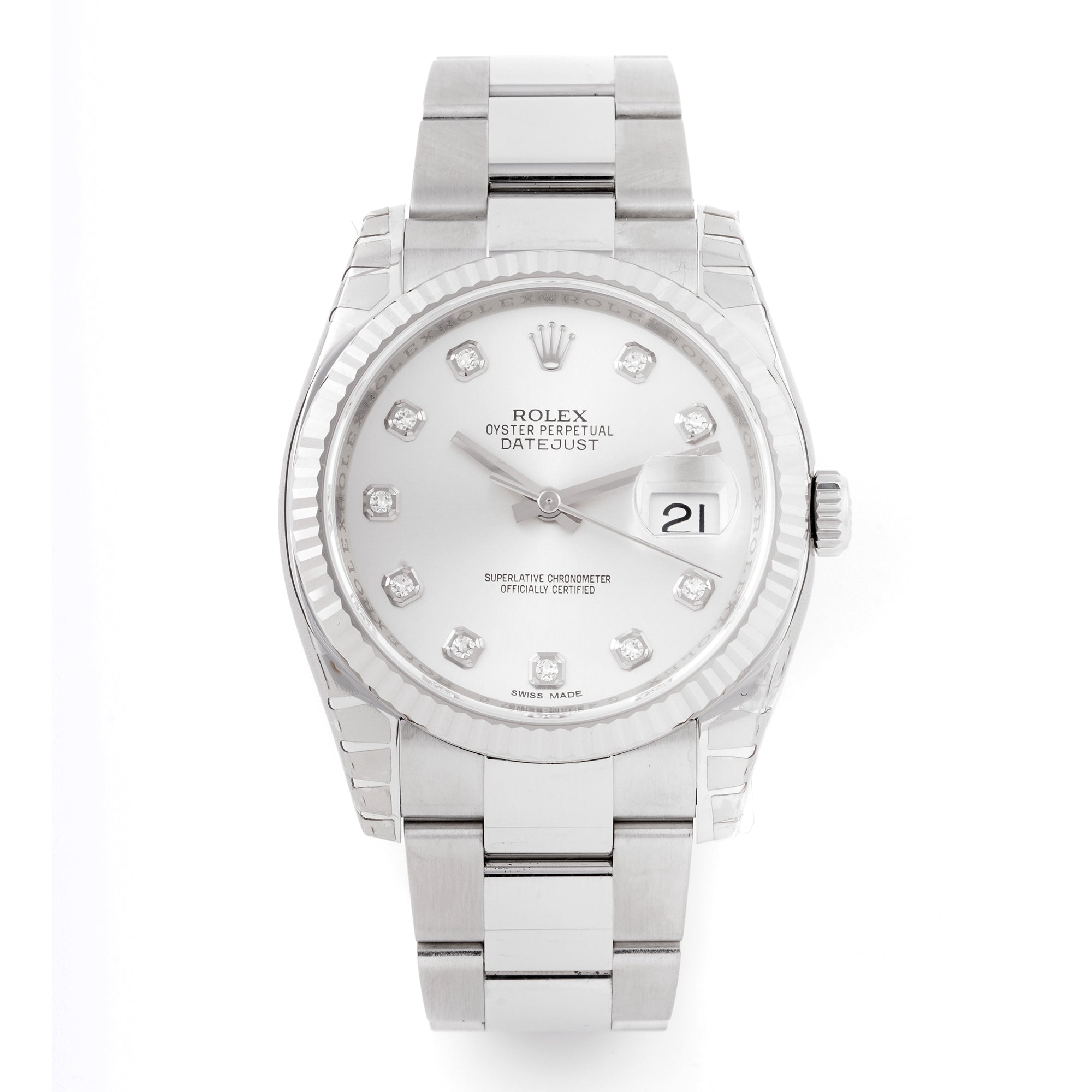Rolex Datejust 36mm Stainless Steel & White Gold 116234 Silver Dial | Diamond hour markers, Fluted bezel