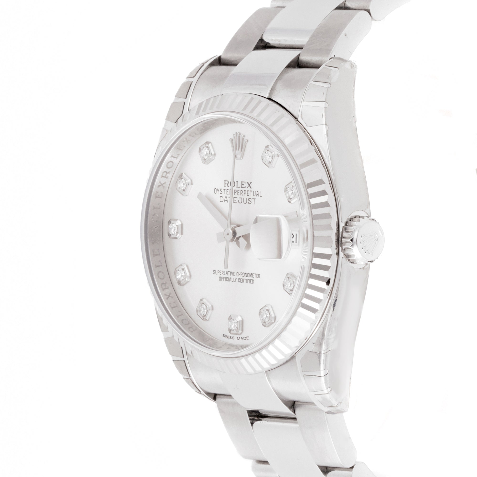 Rolex Datejust 36mm Stainless Steel & White Gold 116234 Silver Dial | Diamond hour markers, Fluted bezel