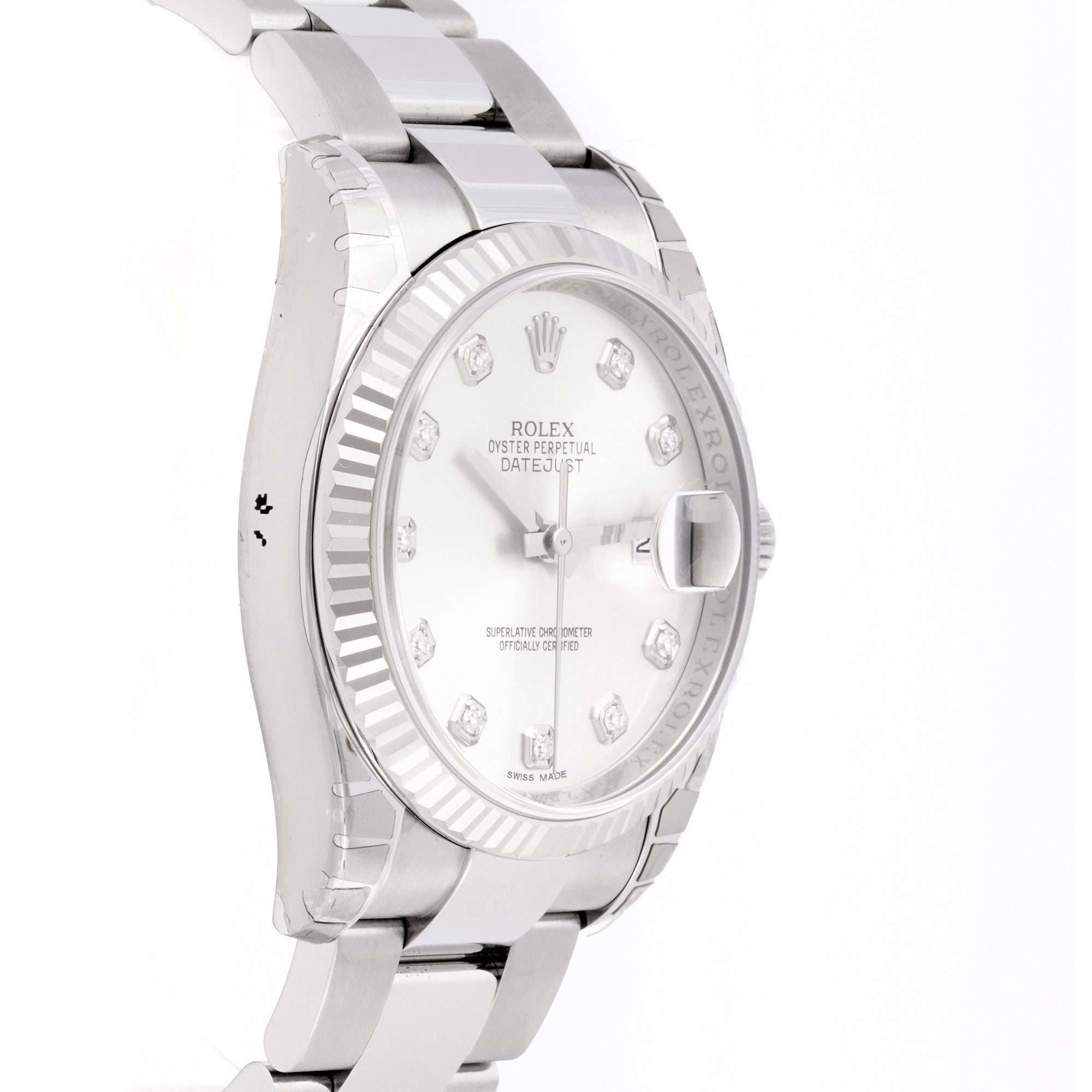 Rolex Datejust 36mm Stainless Steel & White Gold 116234 Silver Dial | Diamond hour markers, Fluted bezel