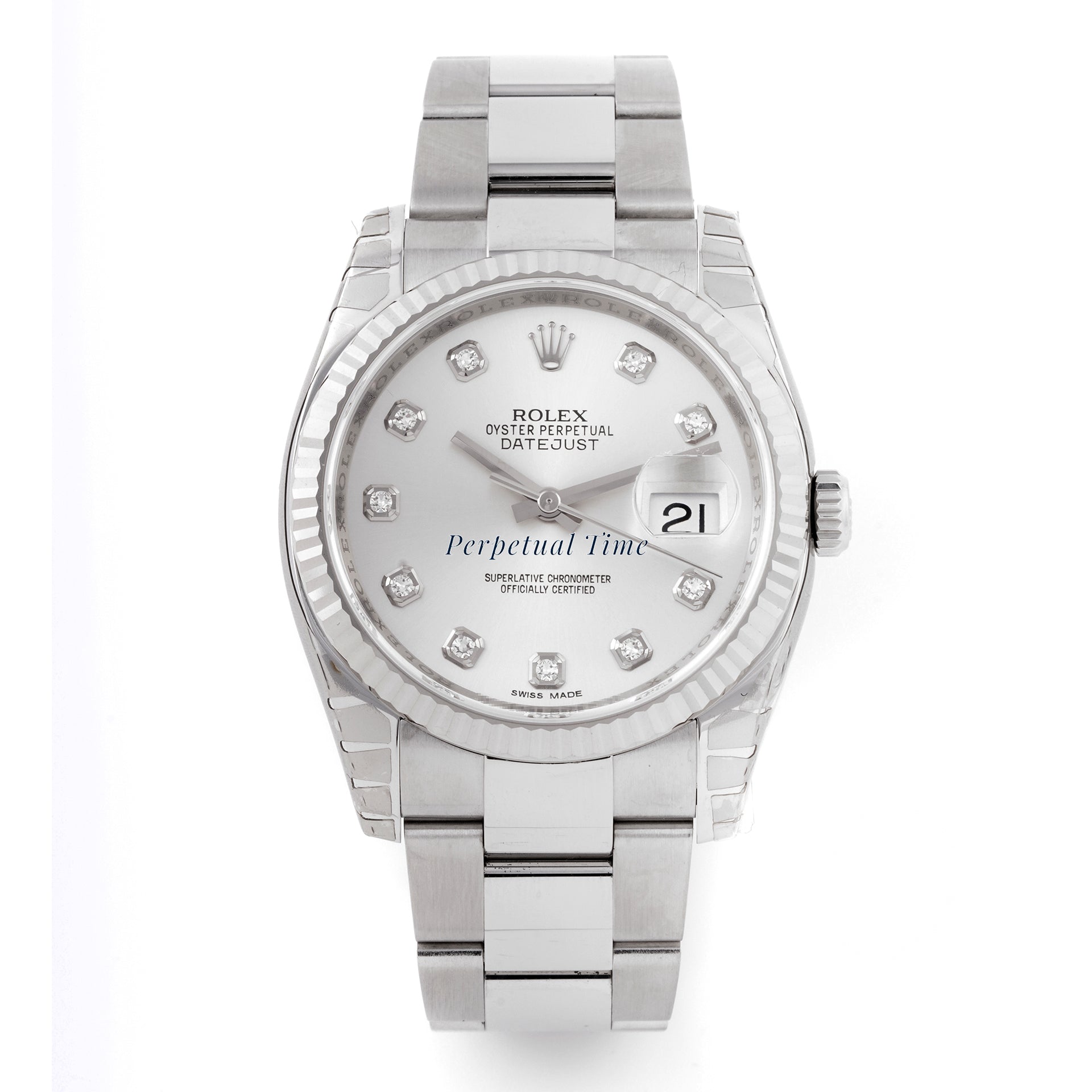Rolex Datejust 36mm Stainless Steel & White Gold 116234 Silver Diamond Dial Oyster Band