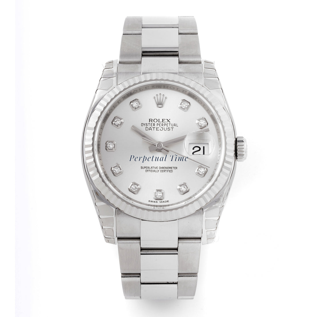 Rolex Datejust 36mm Stainless Steel & White Gold 116234 Silver Diamond Dial Oyster Band