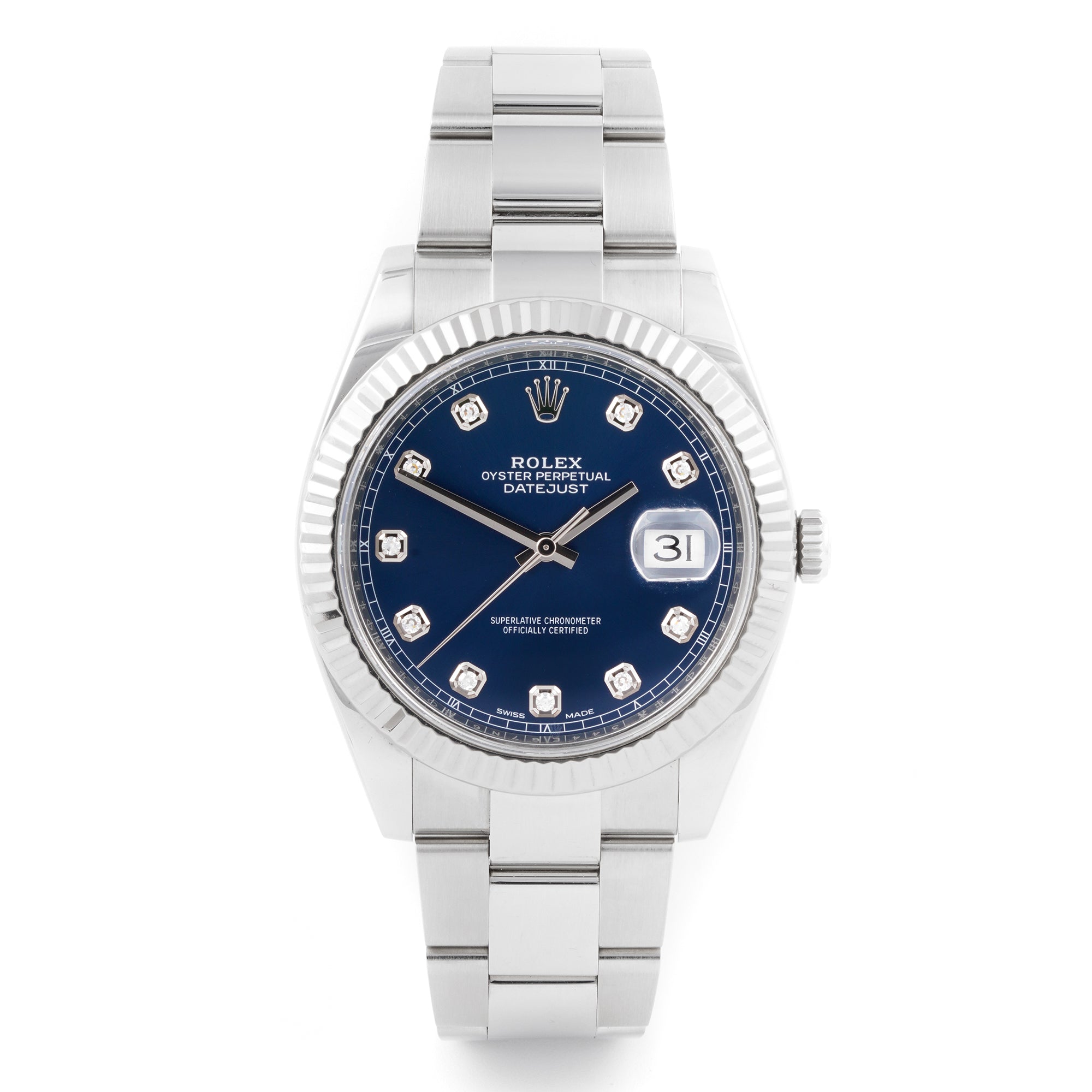 Rolex Datejust II 41mm Stainless Steel & White Gold 126334 Blue Dial | Diamond hour markers, Fluted bezel