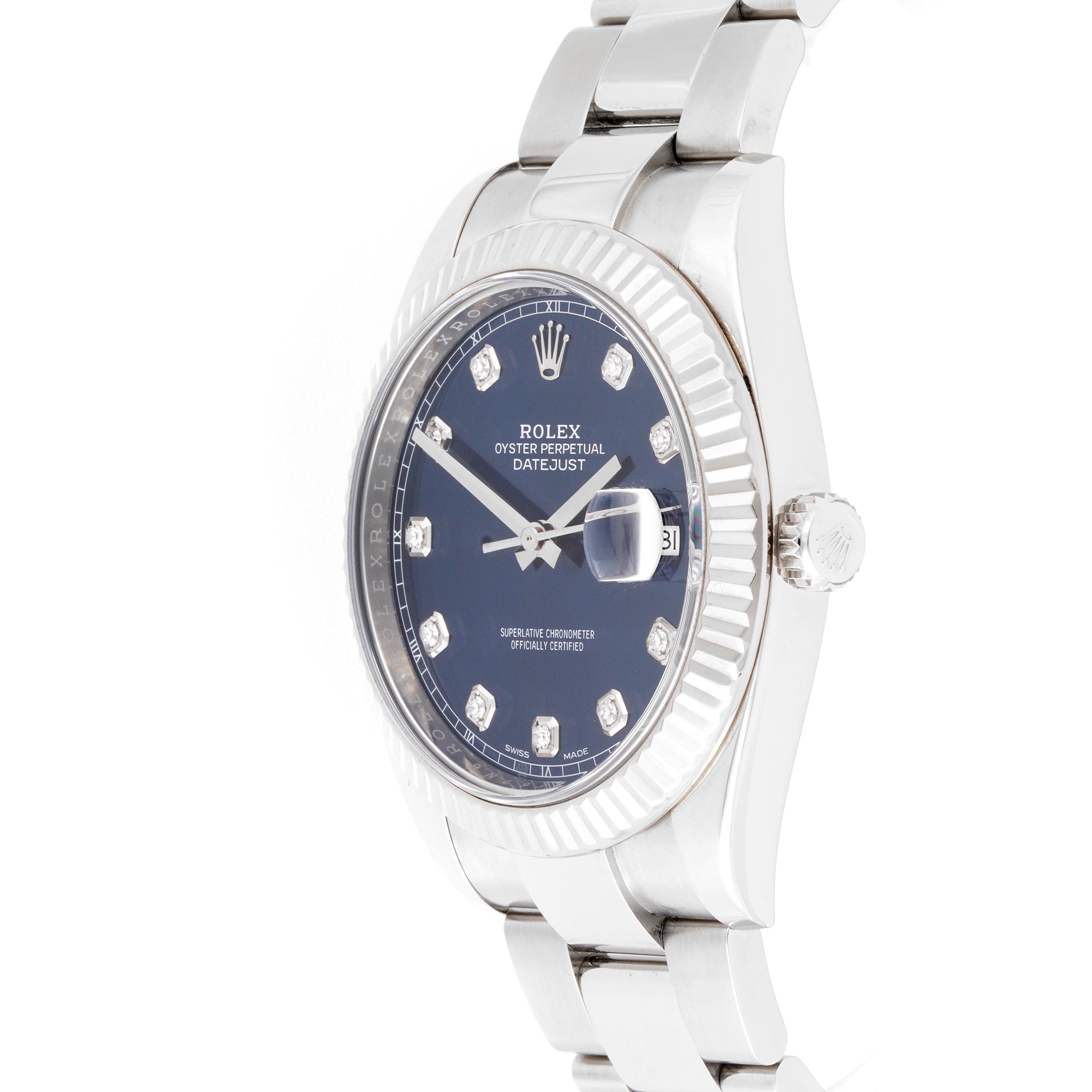 Rolex Datejust II 41mm Stainless Steel & White Gold 126334 Blue Dial | Diamond hour markers, Fluted bezel