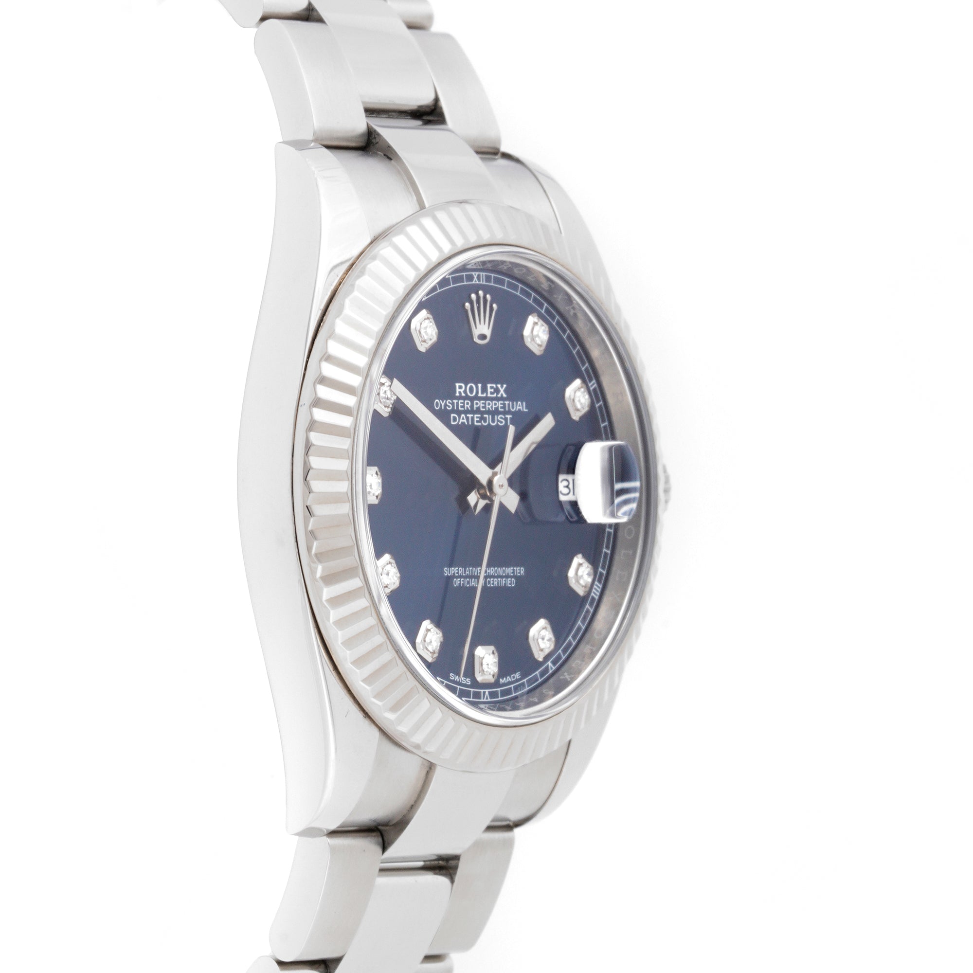 Rolex Datejust II 41mm Stainless Steel & White Gold 126334 Blue Dial | Diamond hour markers, Fluted bezel