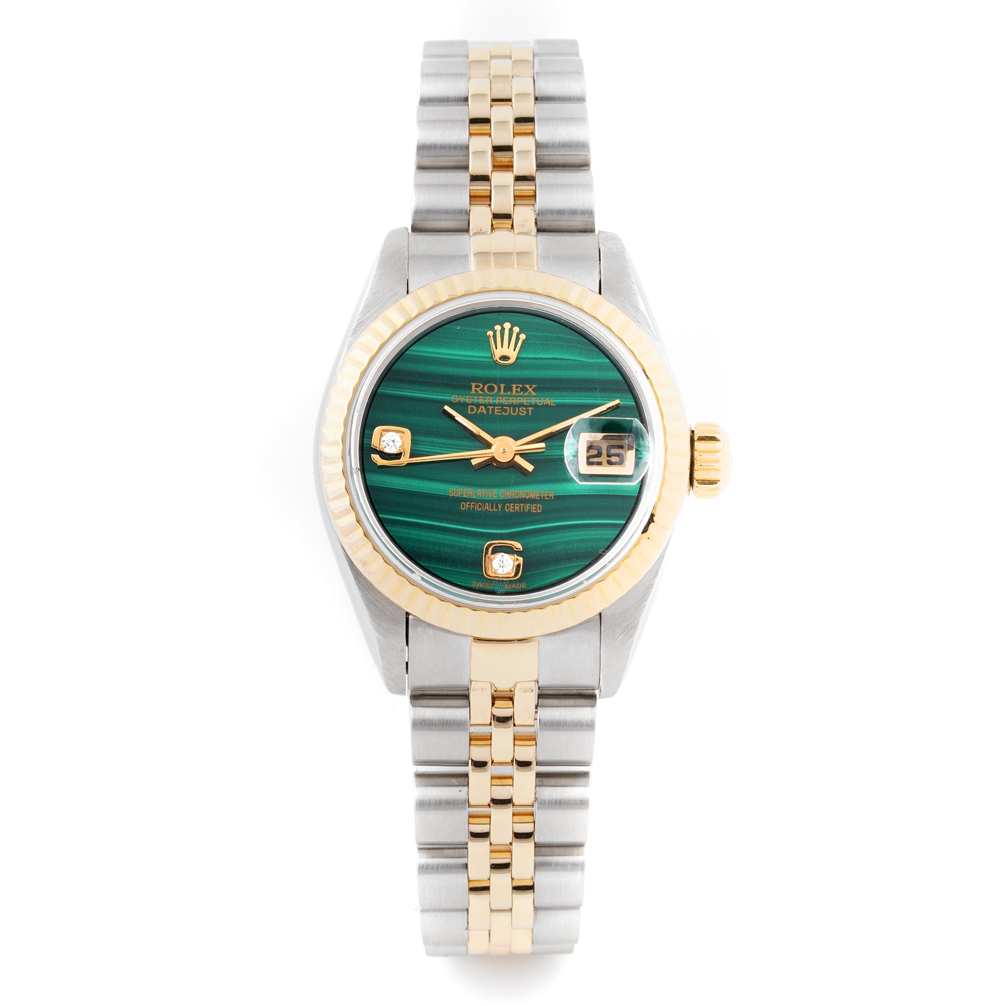 Rolex Datejust 26mm Stainless Steel & Yellow Gold 69173 Malachite Dial | Diamond 6-9 Arabic Numerals hour markers, Fluted bezel