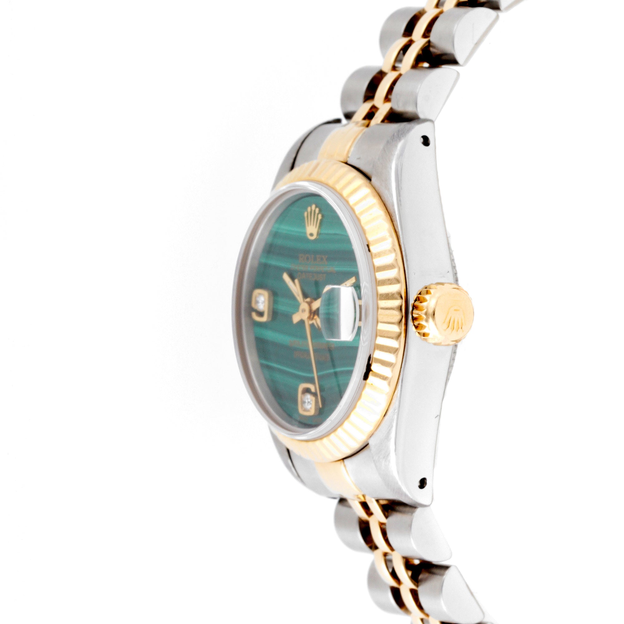 Rolex Datejust 26mm Stainless Steel & Yellow Gold 69173 Malachite Dial | Diamond 6-9 Arabic Numerals hour markers, Fluted bezel