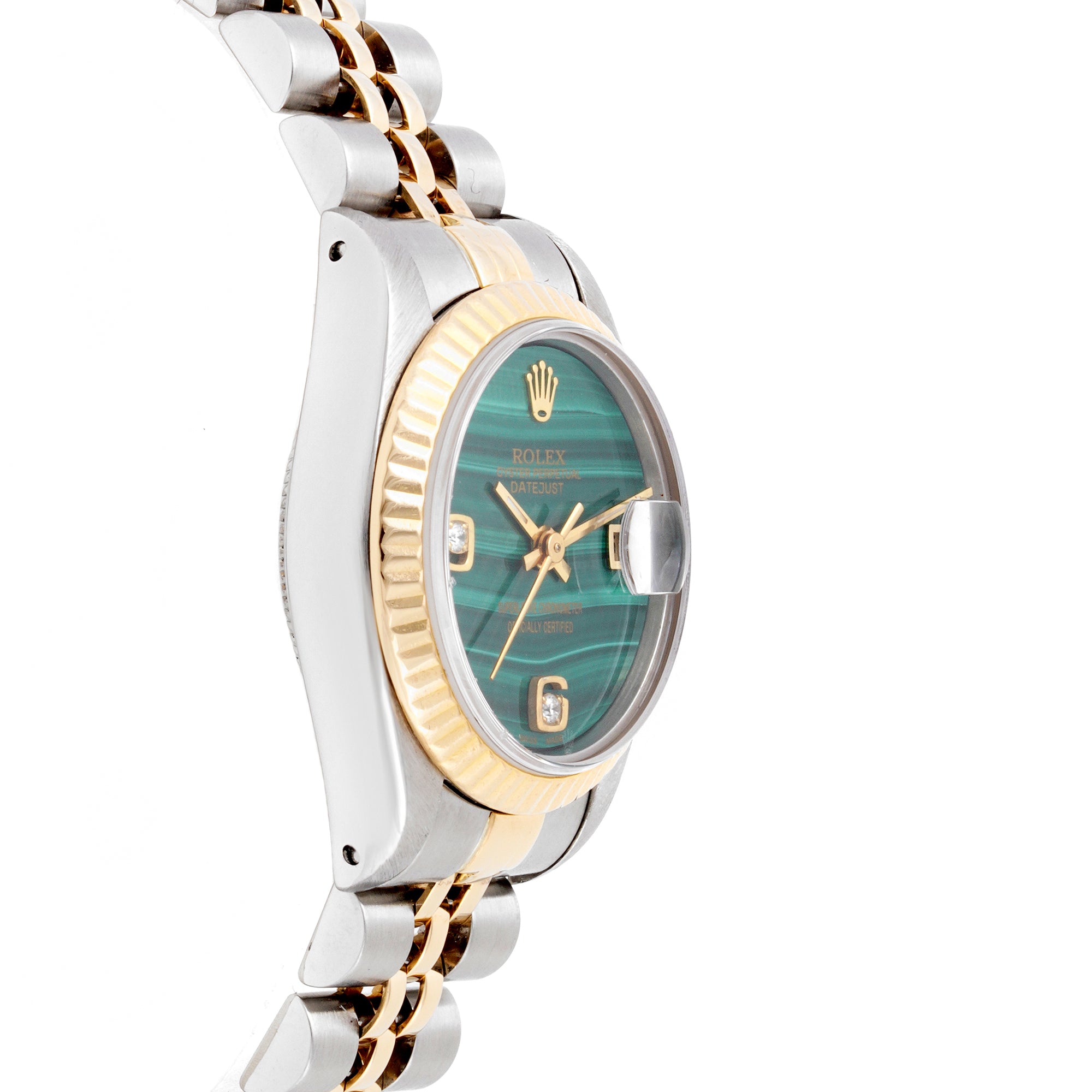 Rolex Datejust 26mm Stainless Steel & Yellow Gold 69173 Malachite Dial | Diamond 6-9 Arabic Numerals hour markers, Fluted bezel