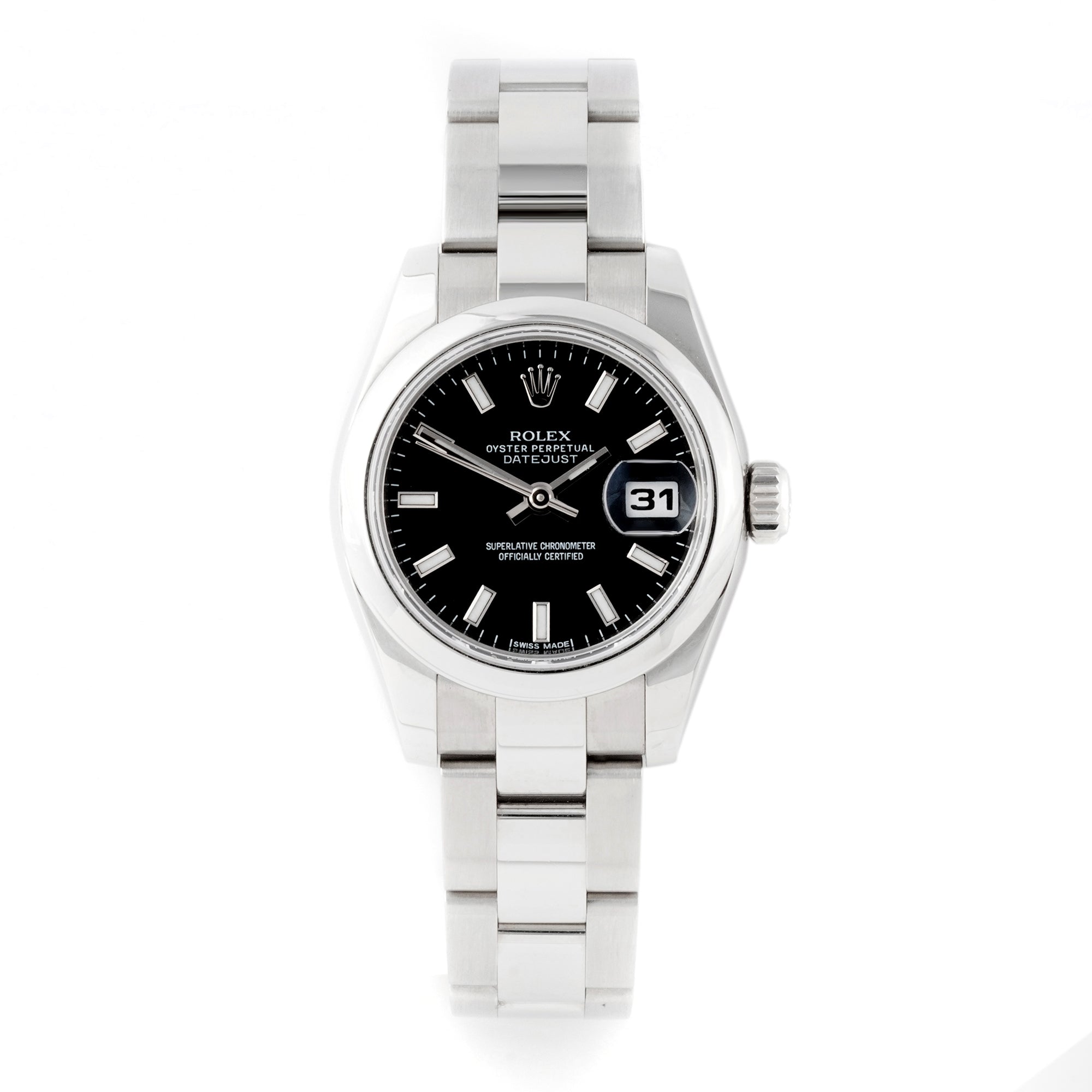 Rolex Lady-Datejust 26mm Stainless Steel 179160 Black Dial | Index hour markers, Smooth bezel