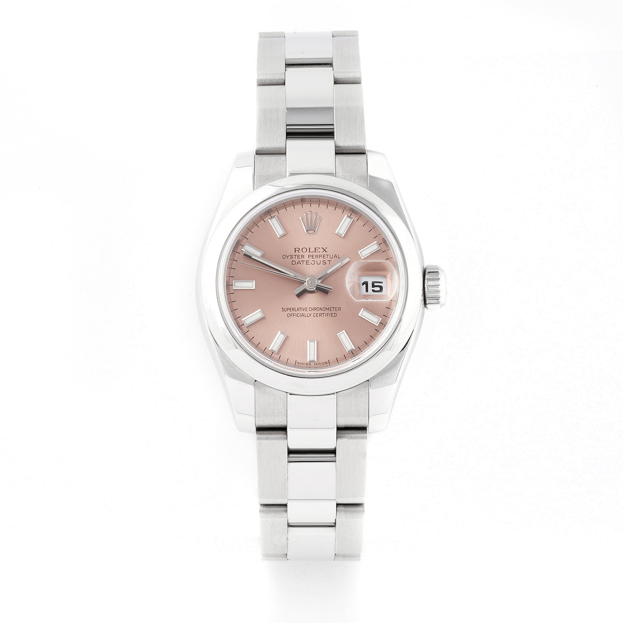 Rolex Lady-Datejust 26mm Stainless Steel 179160 Pink Dial | Index hour markers, Smooth bezel