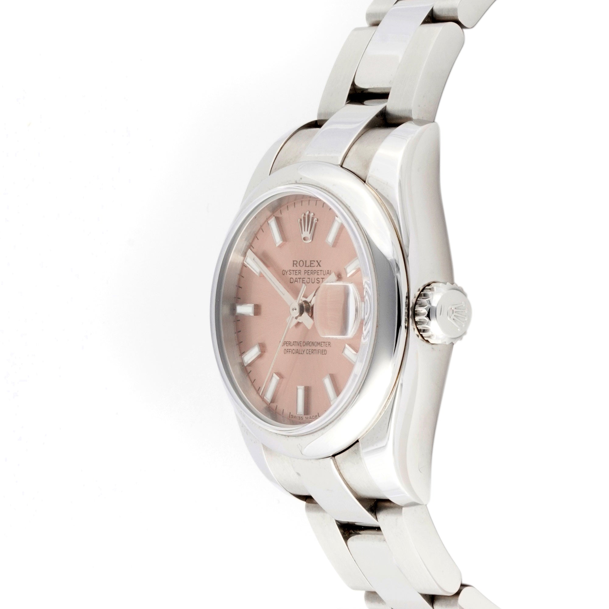 Rolex Lady-Datejust 26mm Stainless Steel 179160 Pink Dial | Index hour markers, Smooth bezel