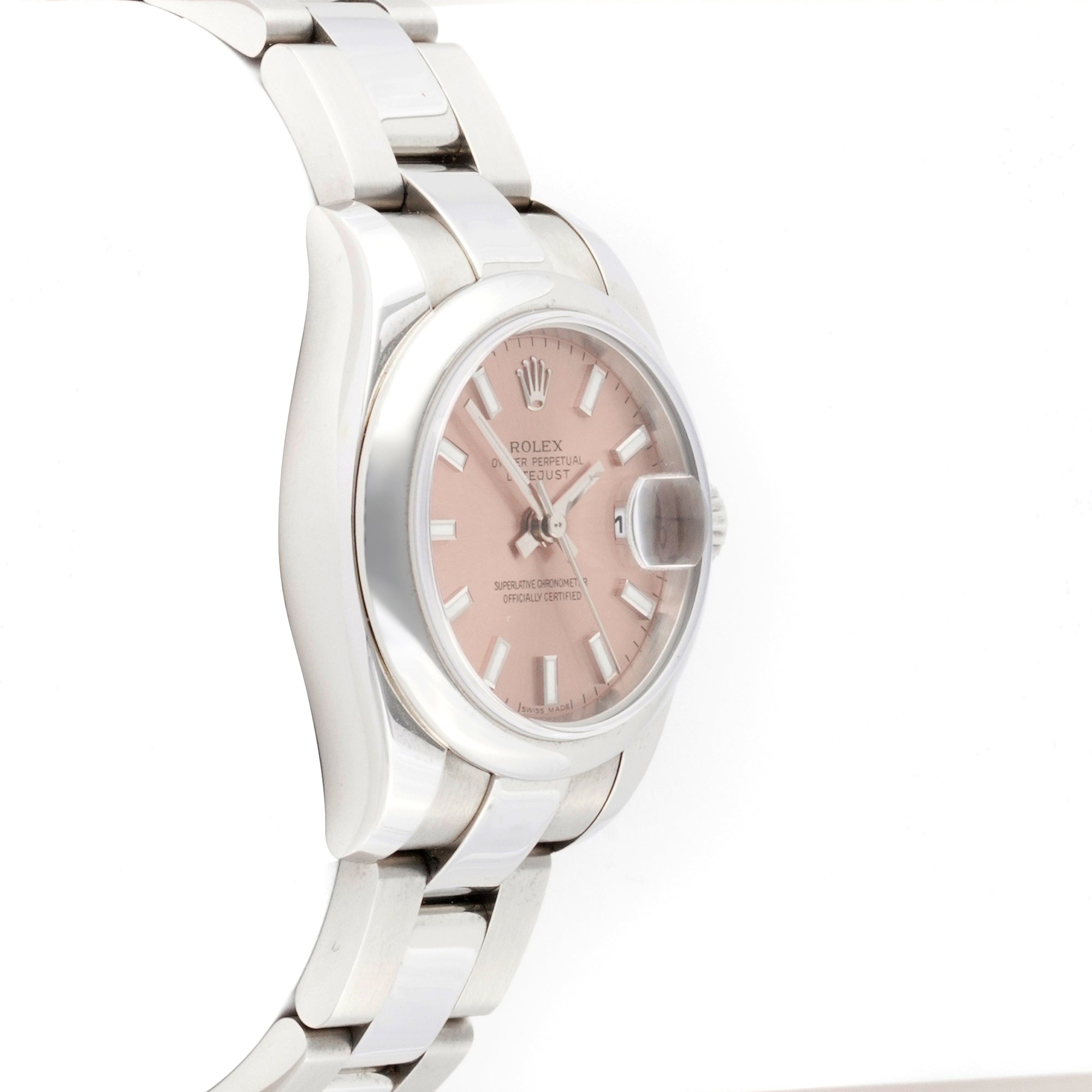 Rolex Lady-Datejust 26mm Stainless Steel 179160 Pink Dial | Index hour markers, Smooth bezel