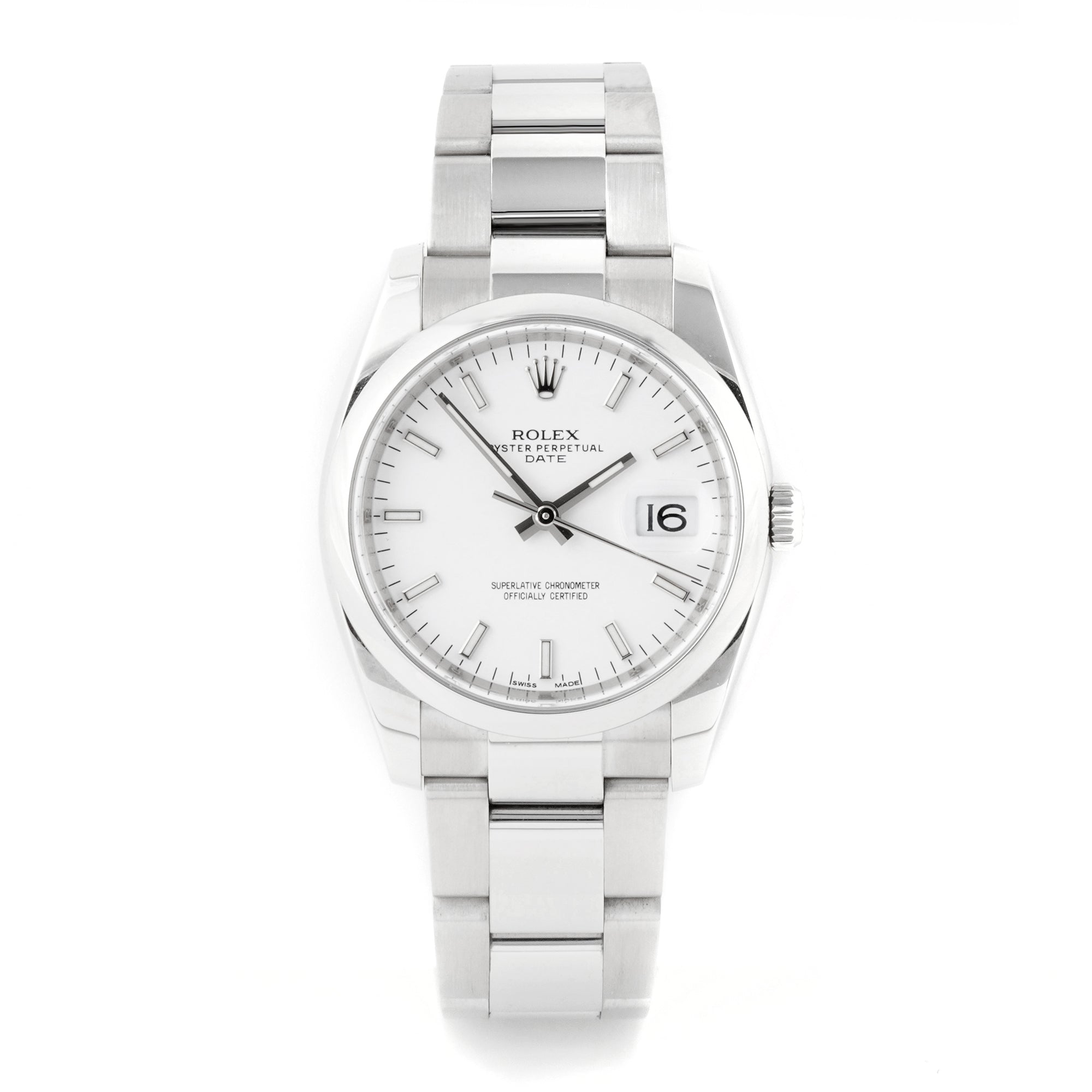 Rolex Date 34mm Stainless Steel 115200 White Dial | Index hour markers, Smooth bezel