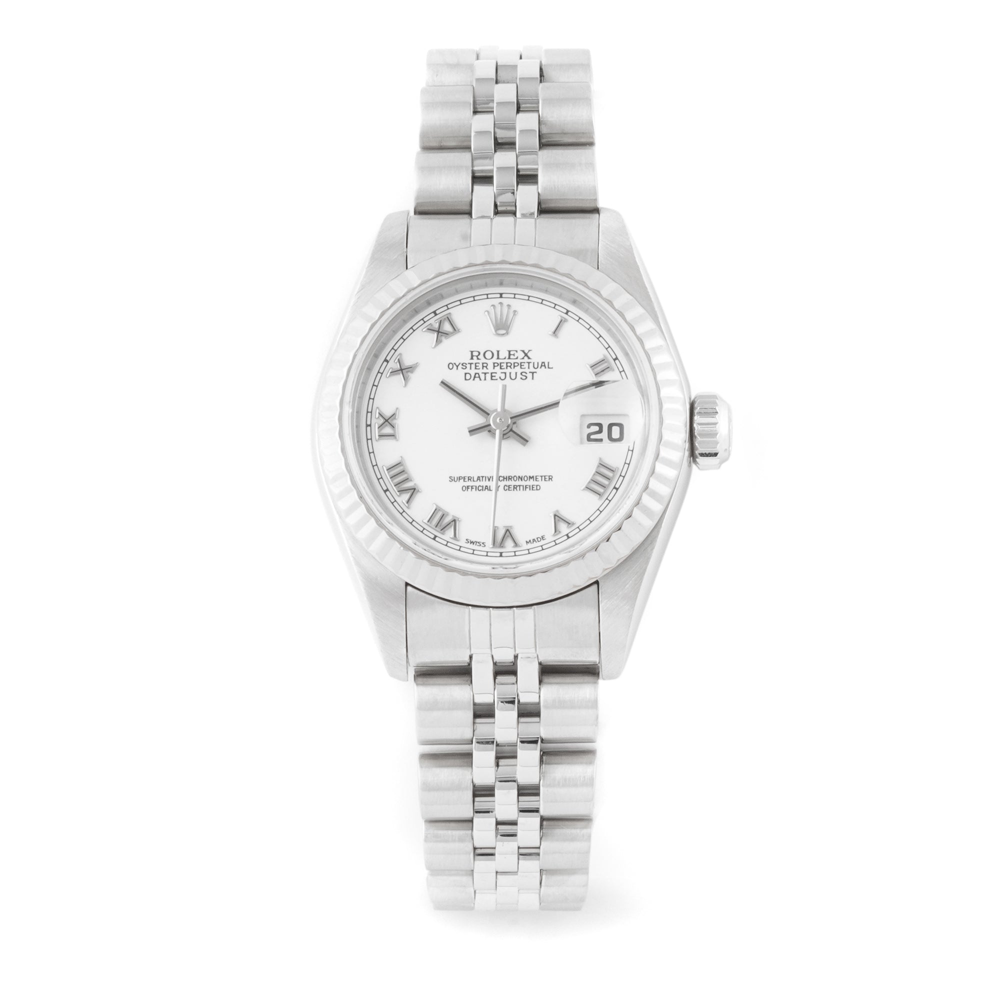 Rolex Lady-Datejust 26mm Stainless Steel & White Gold 69174 White Dial | Roman Numerals hour markers, Fluted bezel