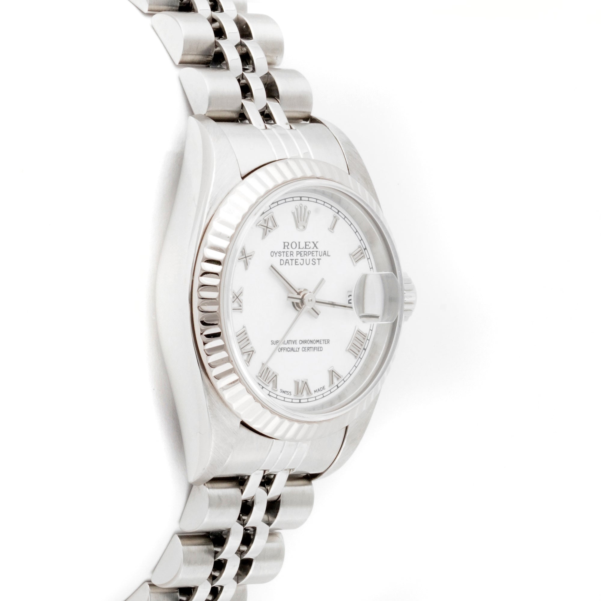 Rolex Lady-Datejust 26mm Stainless Steel & White Gold 69174 White Dial | Roman Numerals hour markers, Fluted bezel