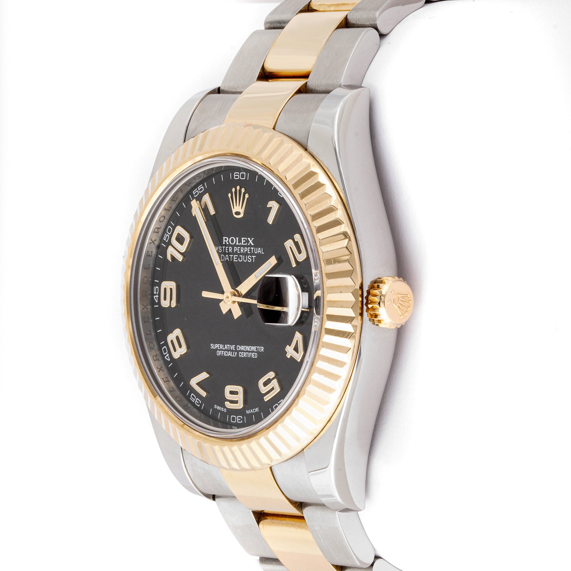 Rolex Datejust II 41mm Stainless Steel & Yellow Gold 116333 Black Dial | Arabic Numerals hour markers, Fluted bezel